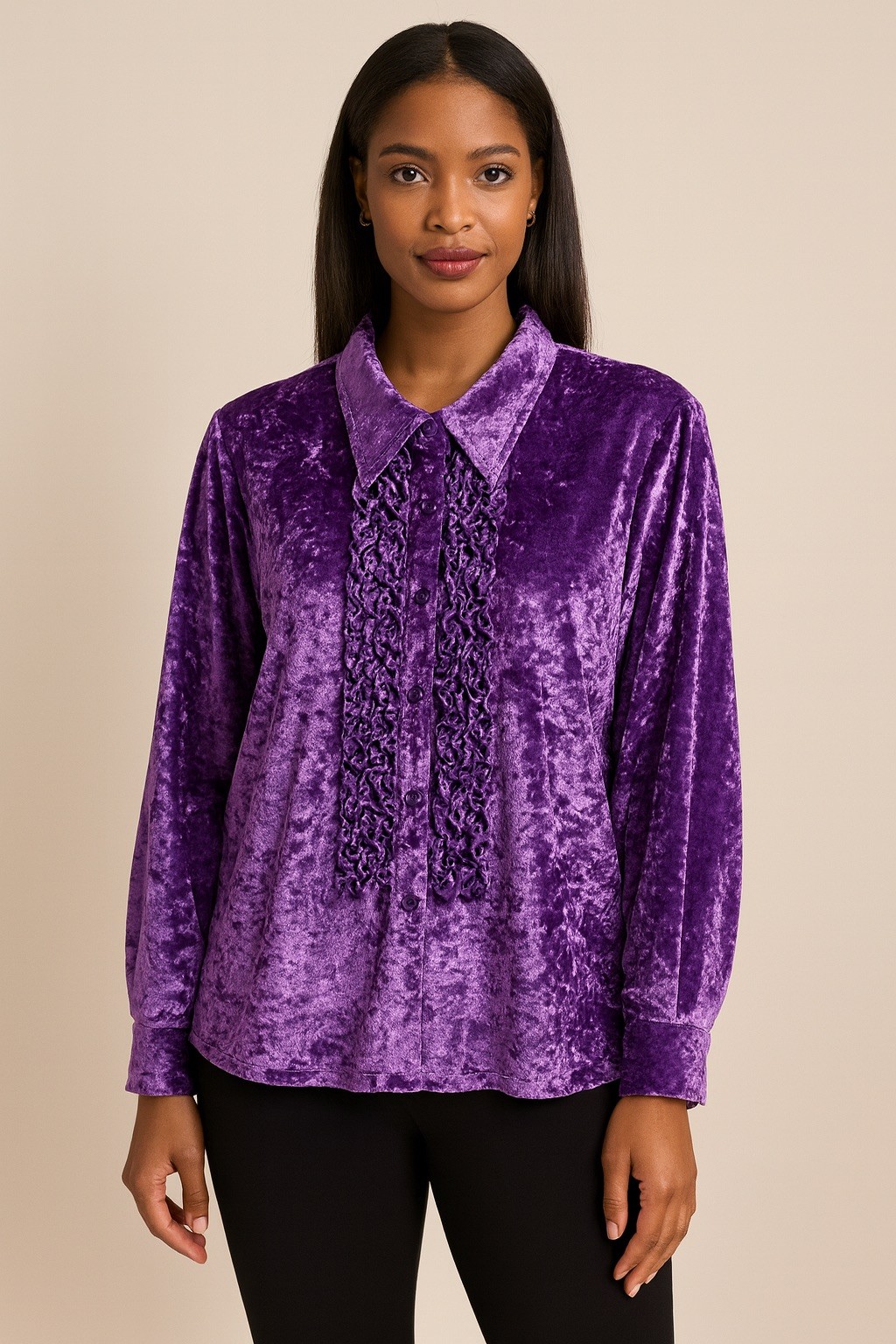 Purple Crushed Velvet Ruffle Front Blouse Women’s Long Sleeve XL Vintage Y2k