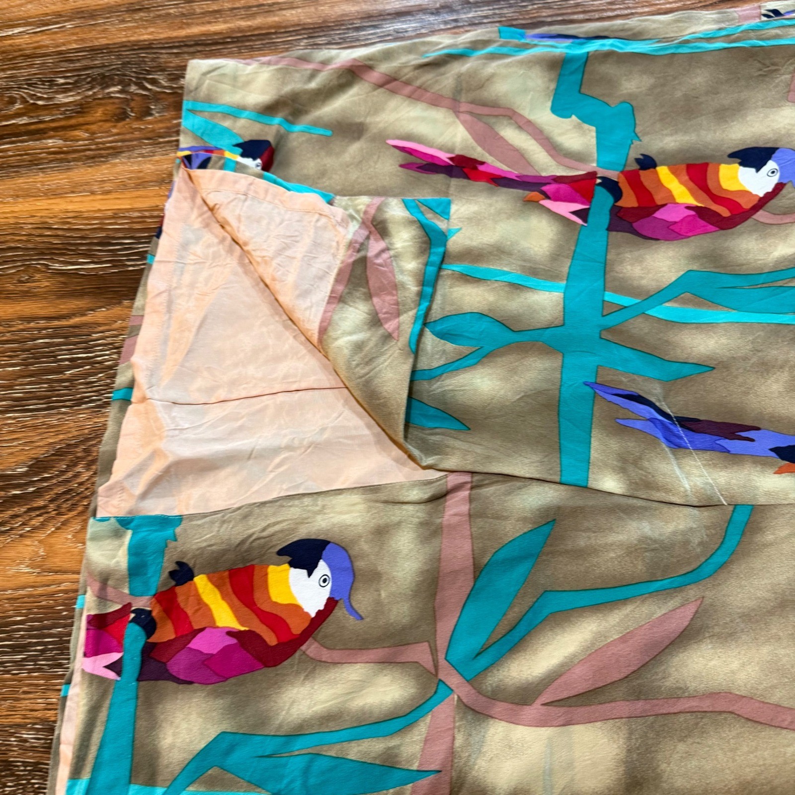 Vintage 100% Silk Ann May Women Size 14 Parrot Print Midi Skirt Tan Teal