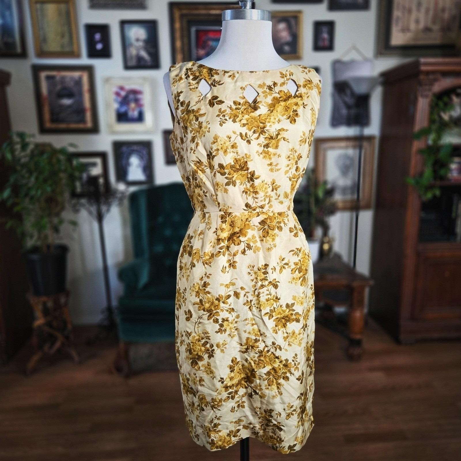 House of Lords Dress Set Vintage 1960s Floral Sheath Jacket Gold Yellow 12 S M