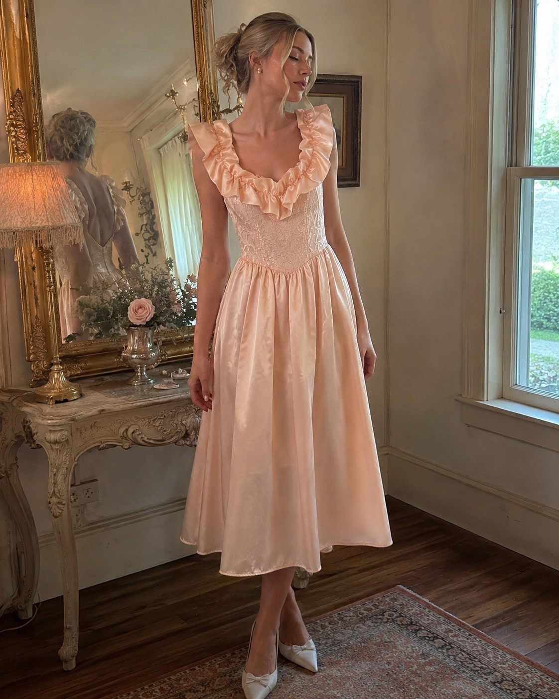 Vintage Glenrob Pink Satin Lace Ruffle Dress Cottagecore Gunne Sax Style Size 9