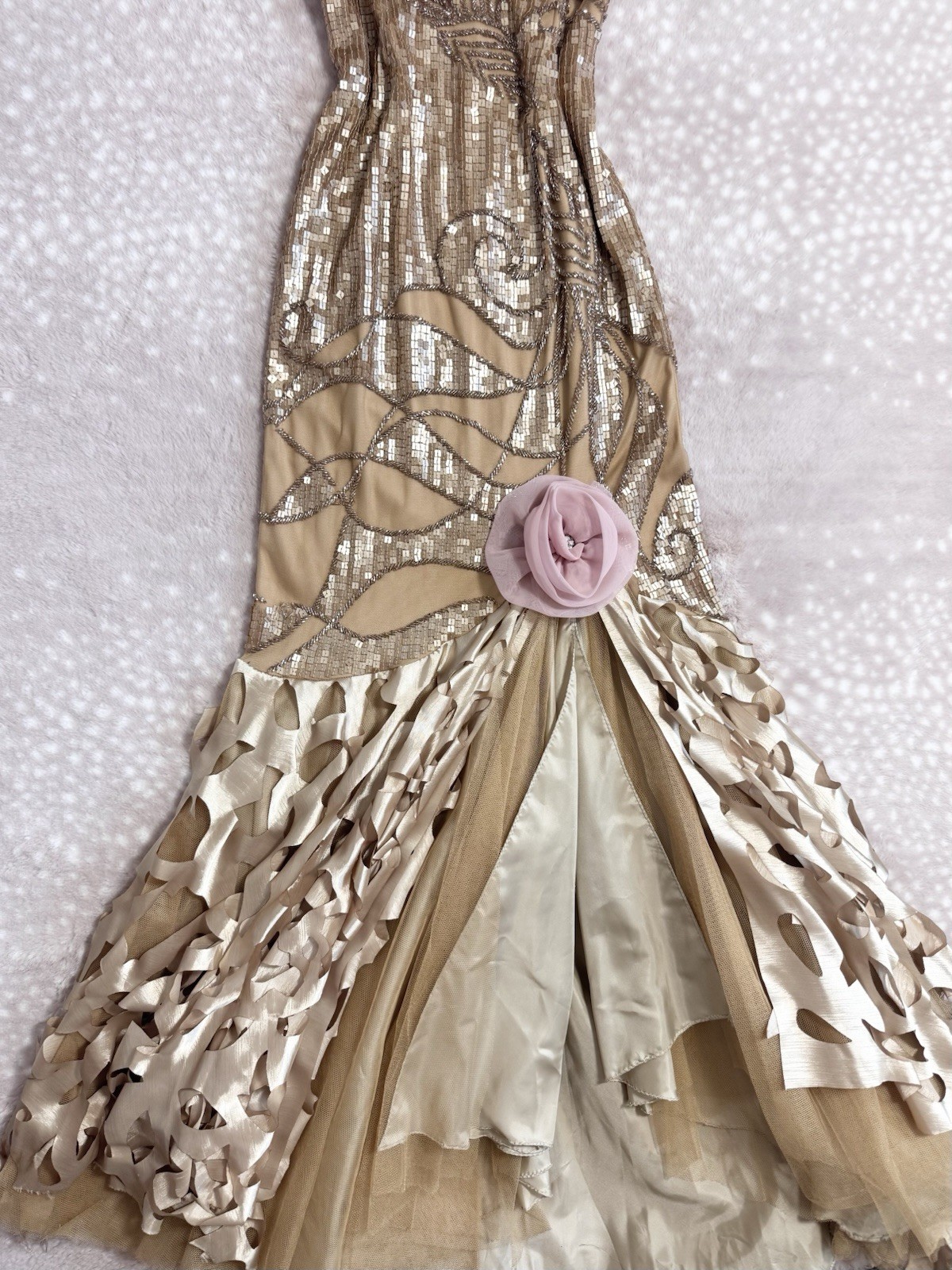 Vintage Gold Fairy Beaded Sequin Ruffle Mesh Vacation Princess Formal Gown Dress