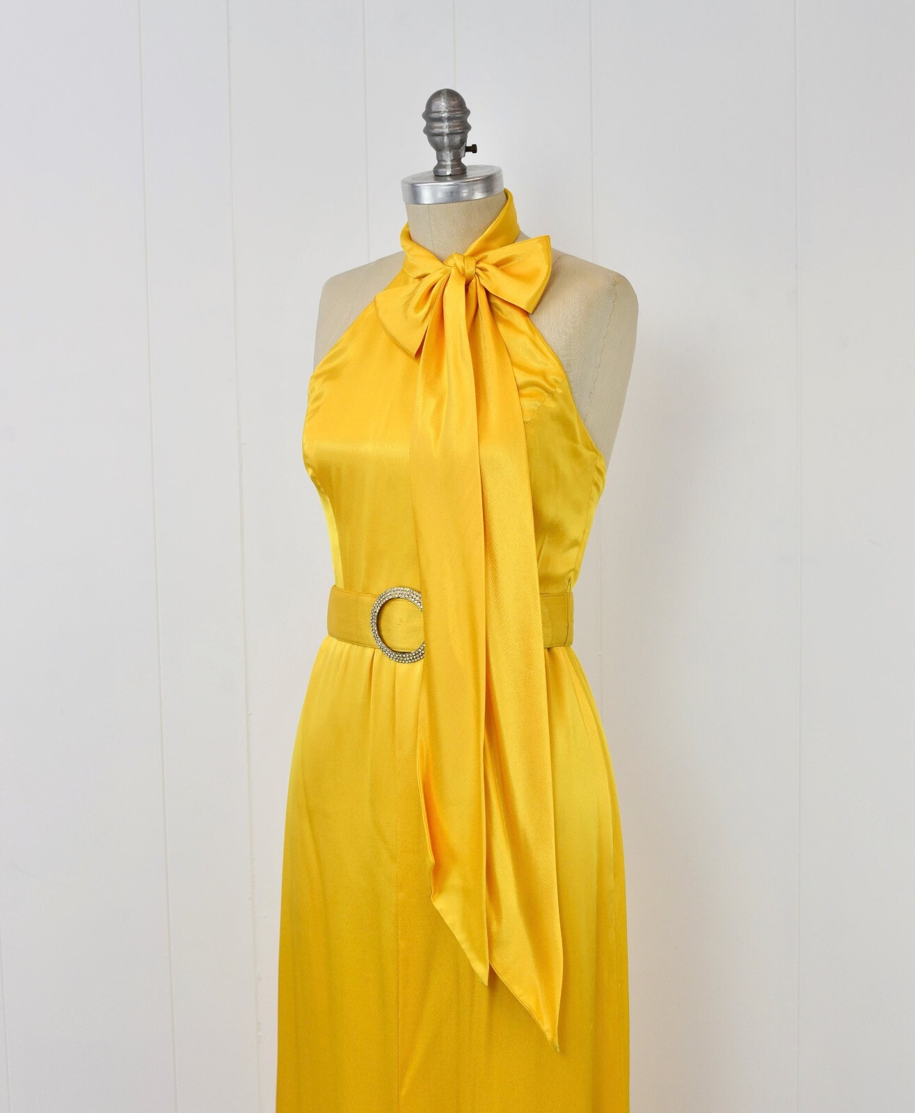 Vintage 1970s Oscar de la Renta Yellow Bow Rhinestone Belt Party Dress Gown