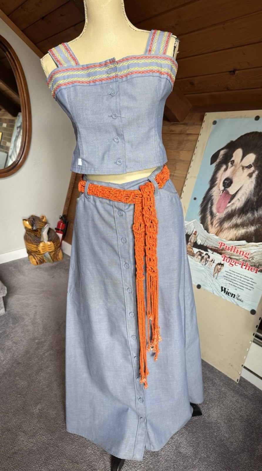 Vintage 1970s Levi’s Two Piece Denim Set Maxi Skirt Crop Top Macrame Belt