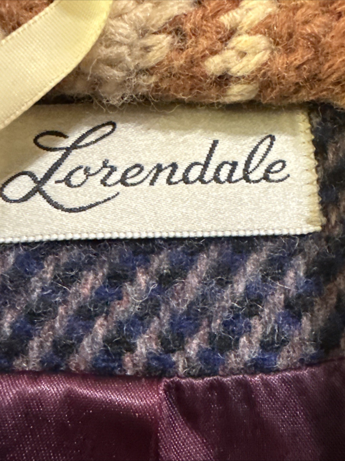 Vintage Lorendale Wool Coat Blue Tweed Attached Scarf Collar L/XL No Tag