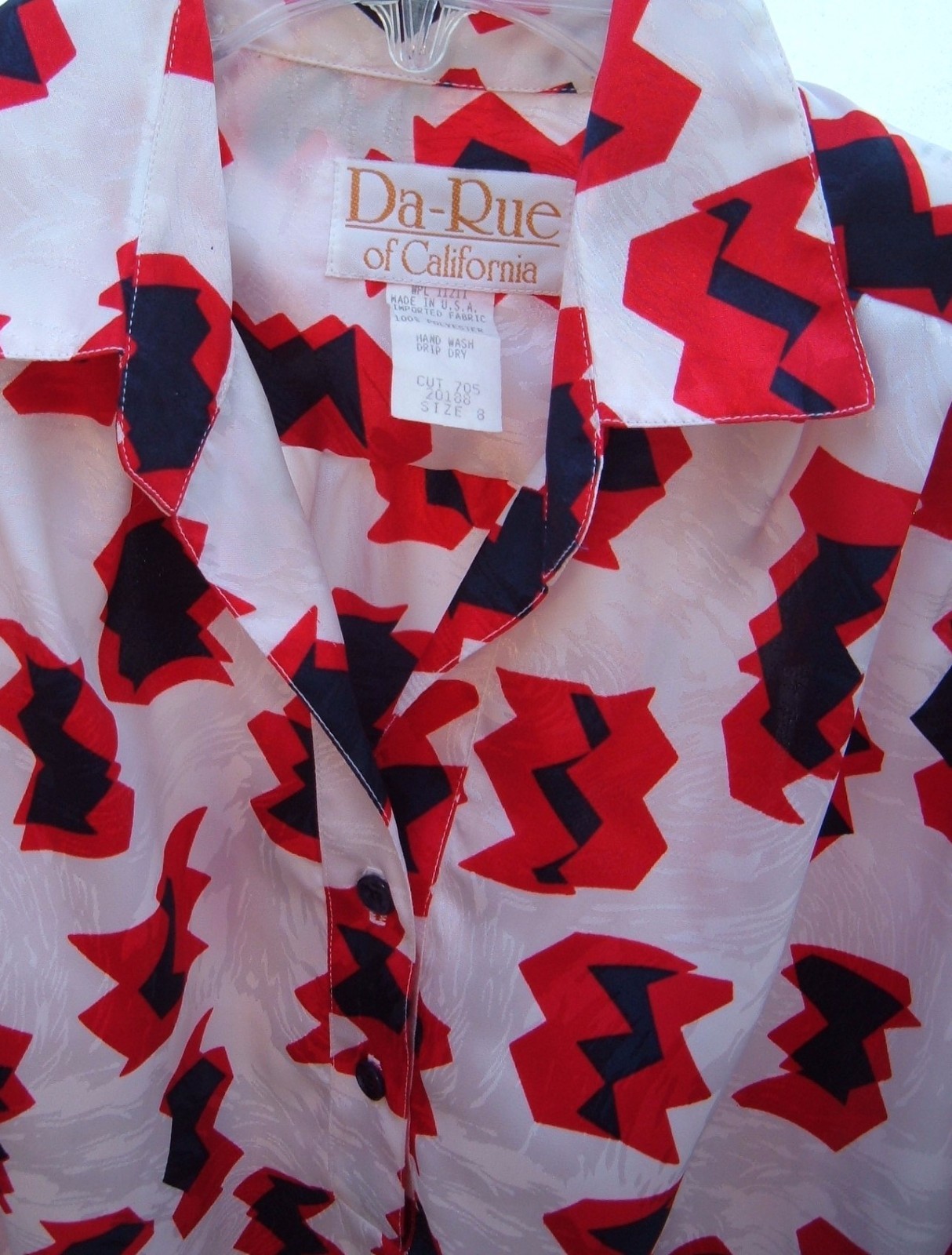 Vtg Top Da Rue Of California Mod Retro Geo polyester Blouse Size 8 band hem