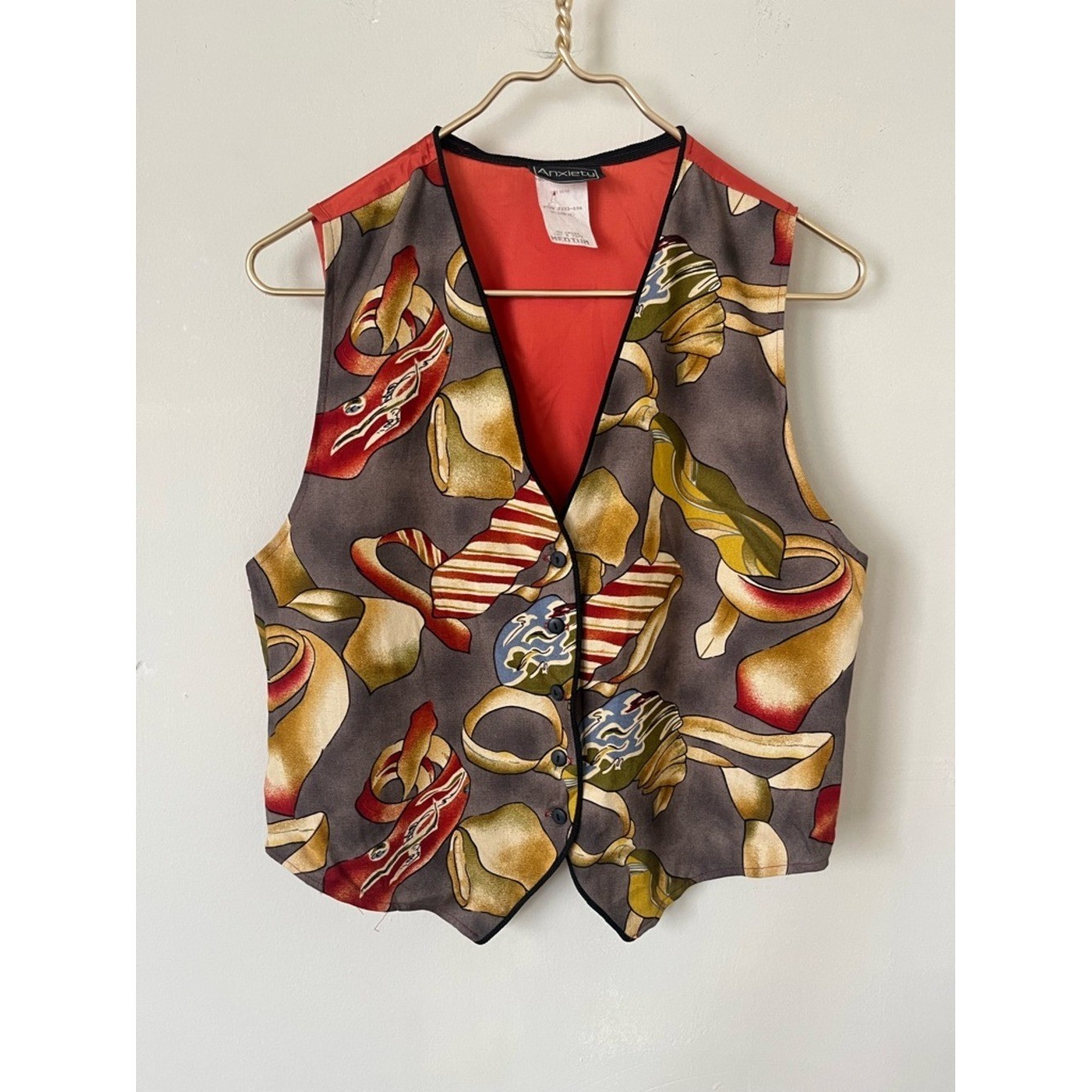 ANXIETY Vintage Abstract retro Pattern Vest with Orange Lining size M