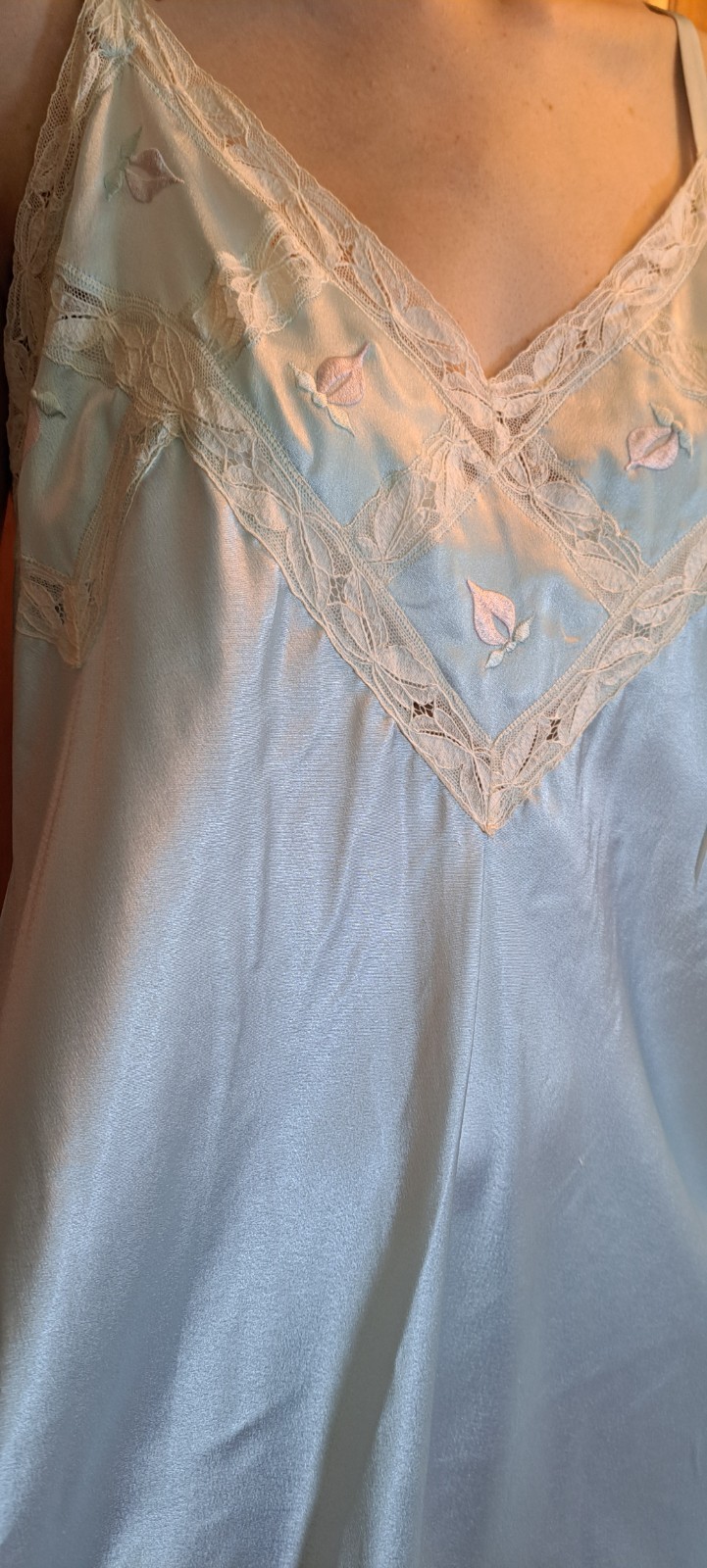 Ice Blue Poly Satin Eve Stillman Vtg Long Nightgown L I Magnin Store
