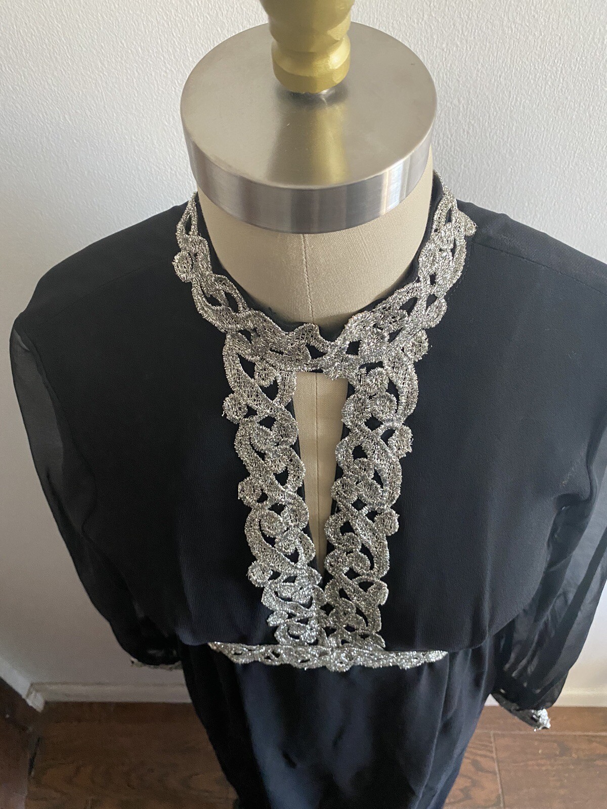 VTG Black Dress Silver Metallic Soutache Trim Sheer Sleeves Keyhole Neckline sz9