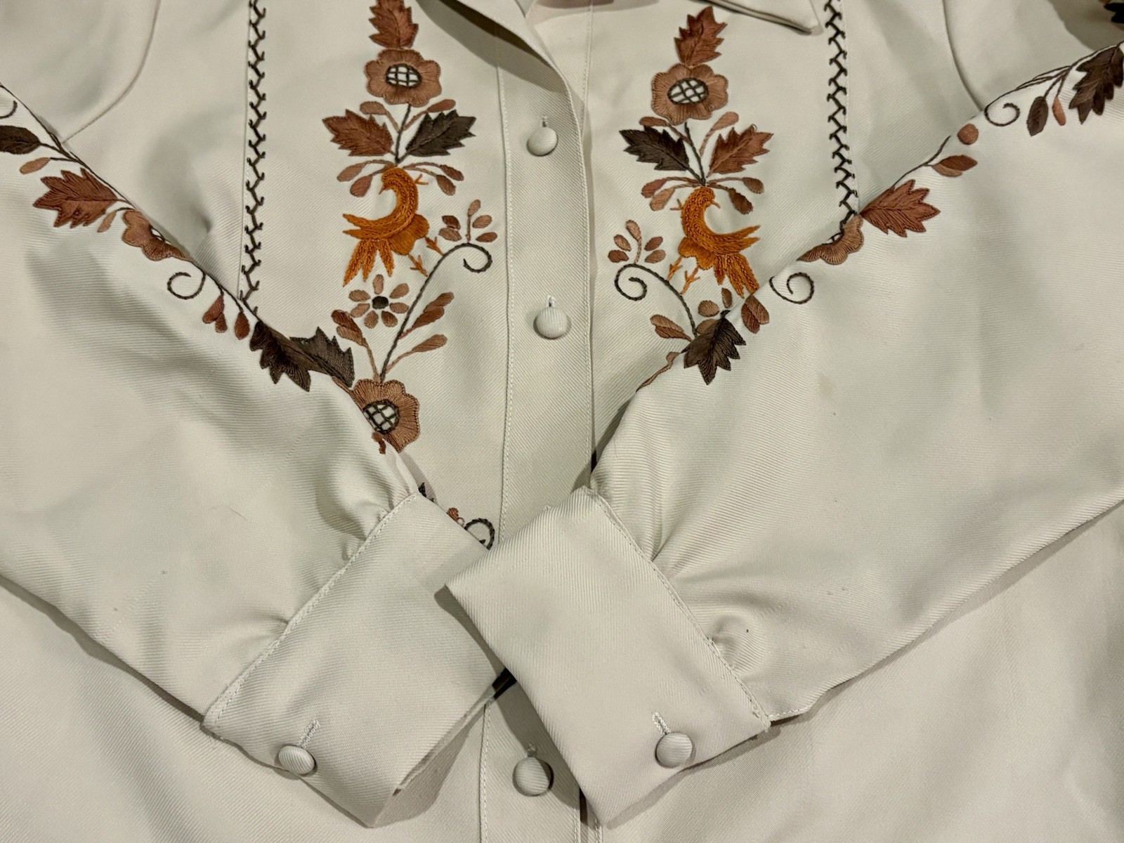 Vintage 60s 70s Embroidered Peasant Folk Shirt Top Bohemian Handmade Tan Button