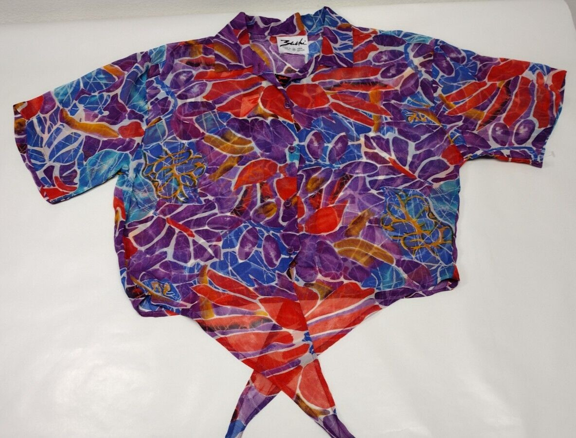 1990s Crop Style Short Sheer Shirt Unisex Purple Floral Rayon Tie Front GAY