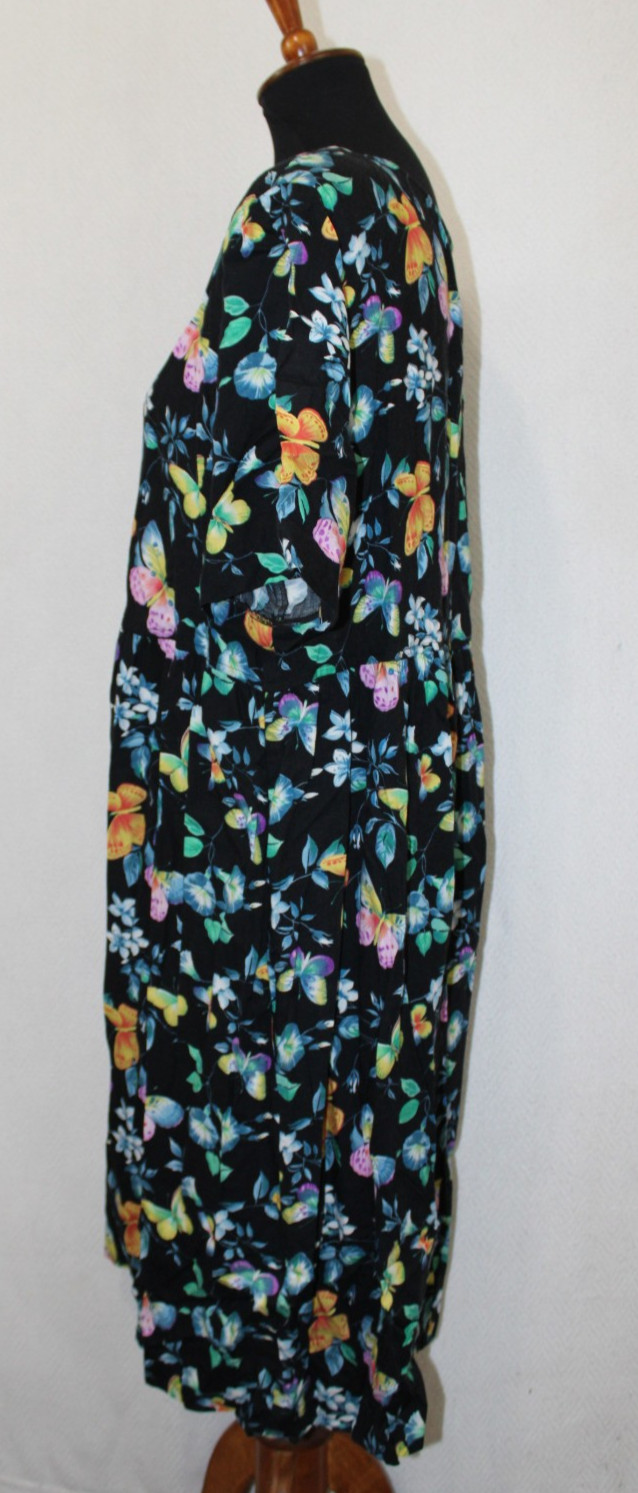 Vtg More Jazz Sz 2X Black Floral & Butterflies Shift Dress Rayon