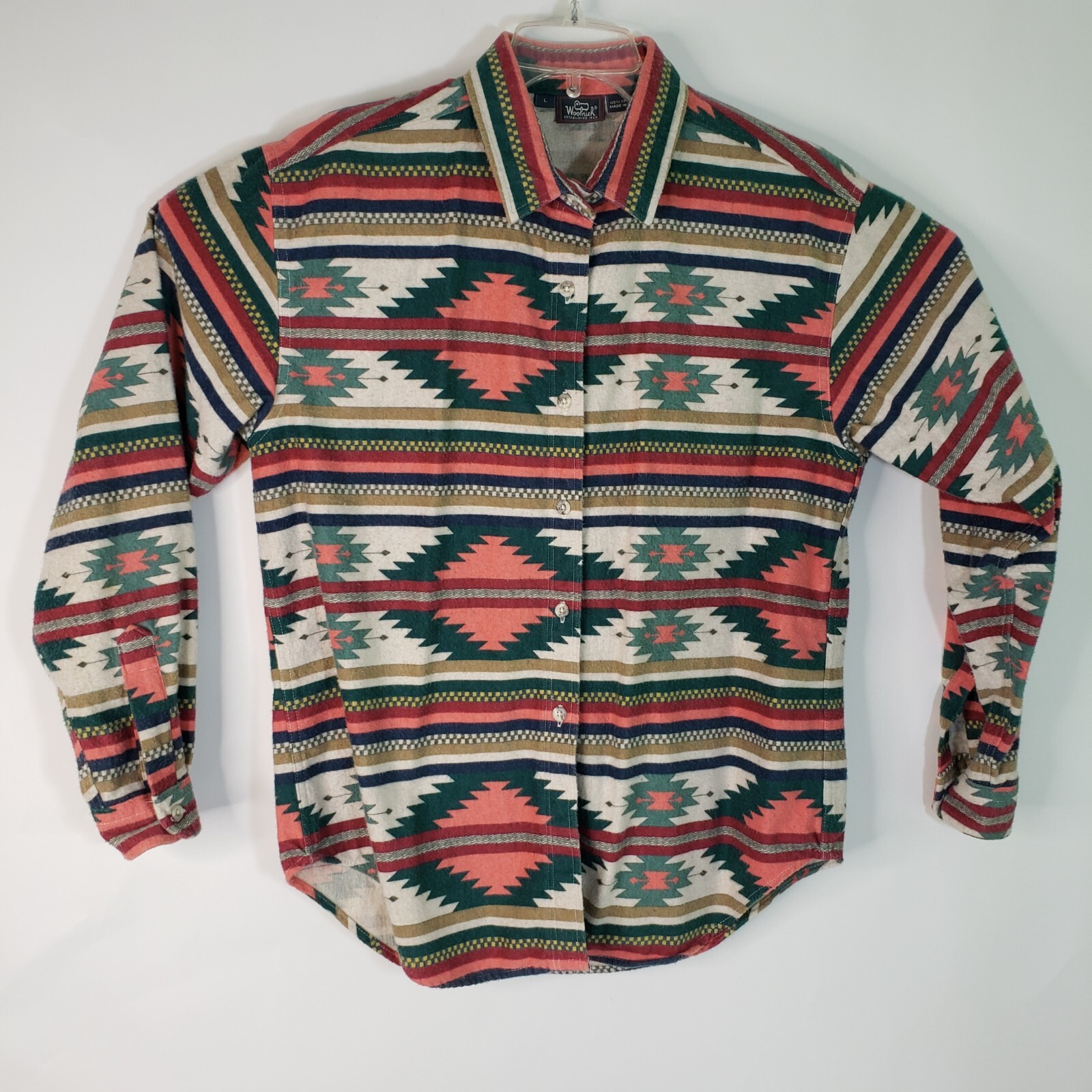 Vtg 80s Woolrich Flannel Shirt Aztec Western Button Up Wms L 100% Cotton USA