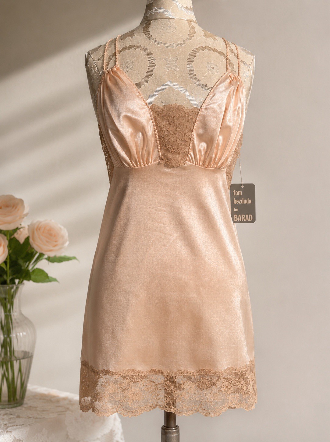 Vtg 60s Nude Lace Mini Slip Dress S Peach Negligee Boudoir Lingerie ILGWU NWT