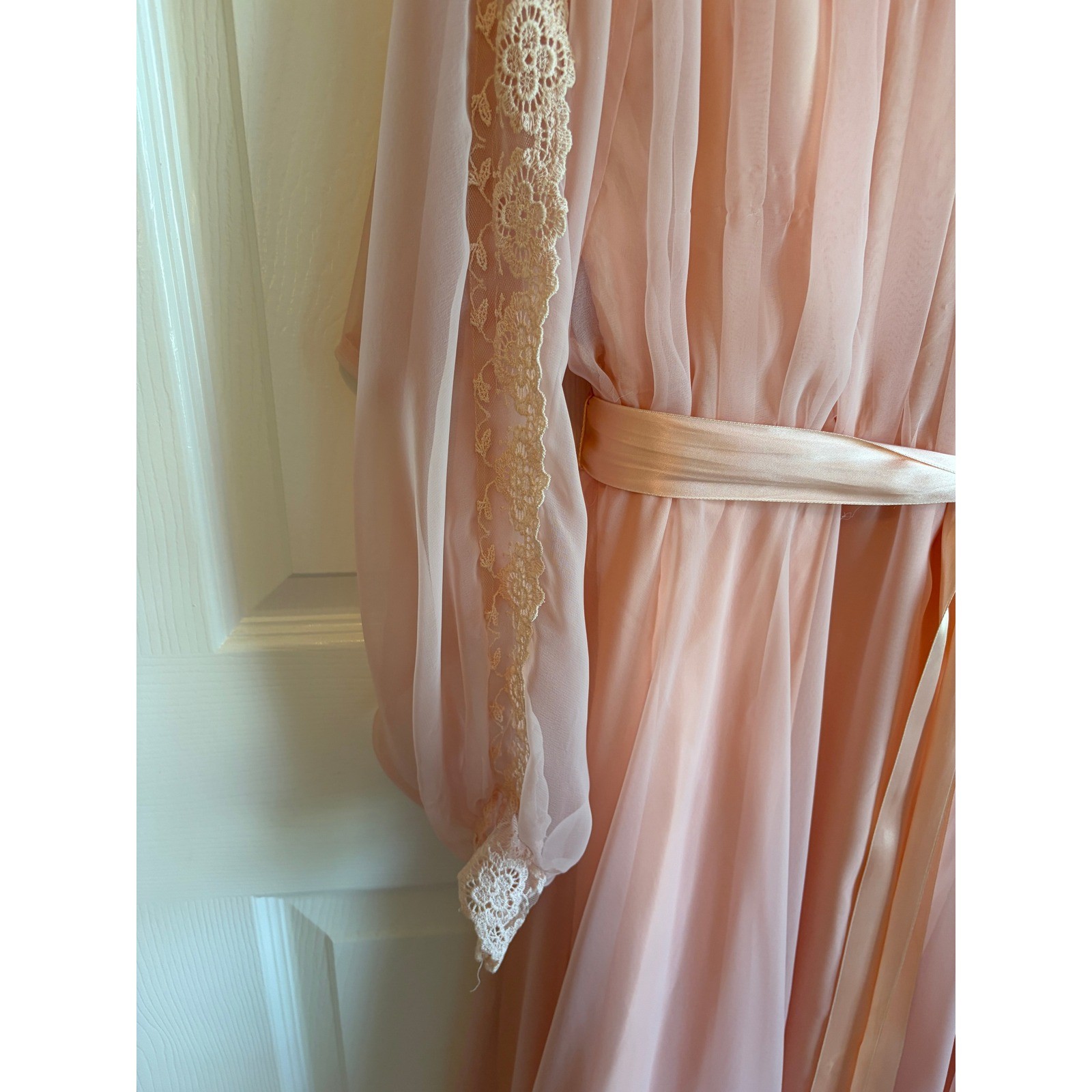 Vintage Joed Sophisticates 70s Peach Victorian Lace Chiffon Midi Dress Size 16