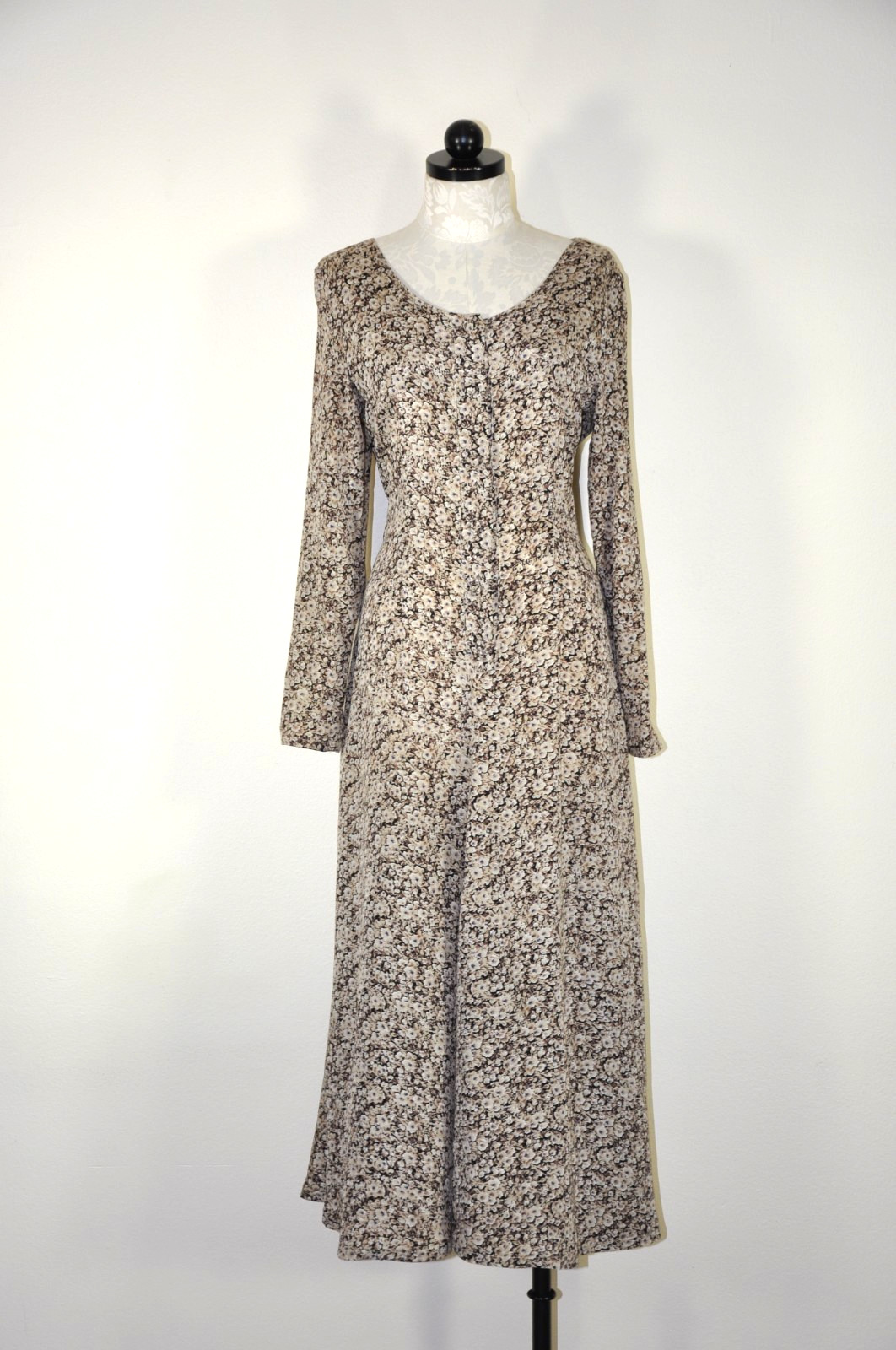 90s Vintage Brown Romantic Floral Long Sleeve Tie Back Grunge Dress Women S M