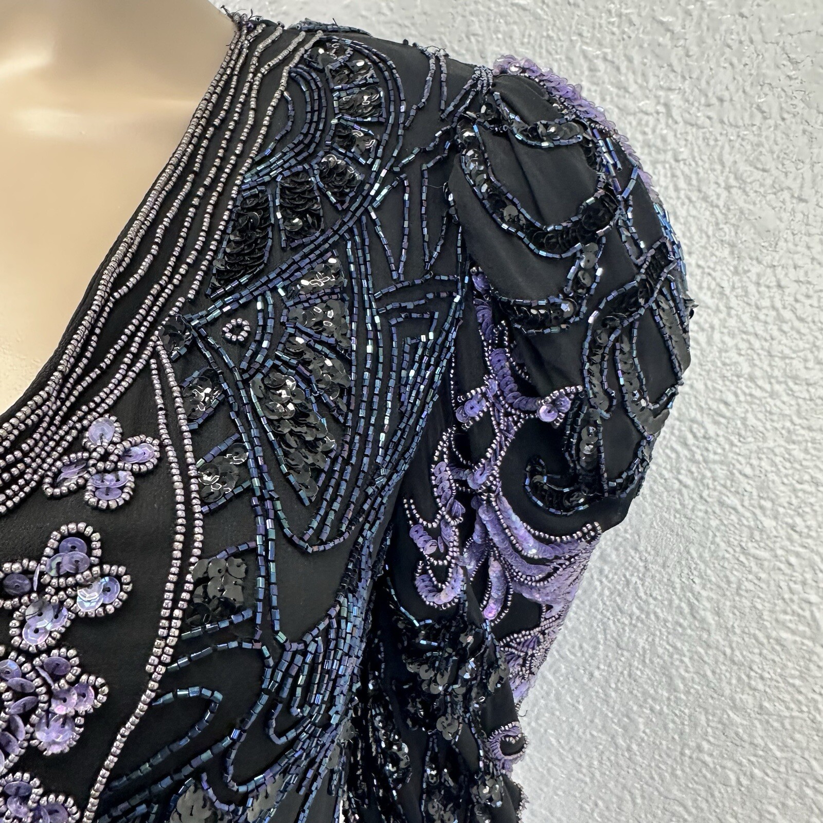 Vtg Fully Beaded Sequin Silk Mini Dress Tunic Peacock Great Gatsby Dancer M