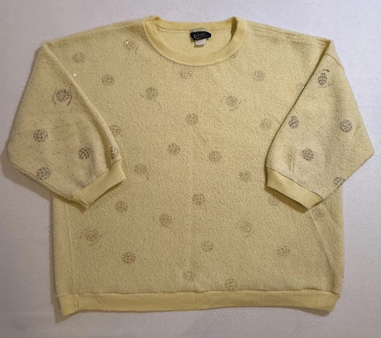 Vintage Bijo Christmas Sweater New York Silver Ornament on Yellow Made in USA