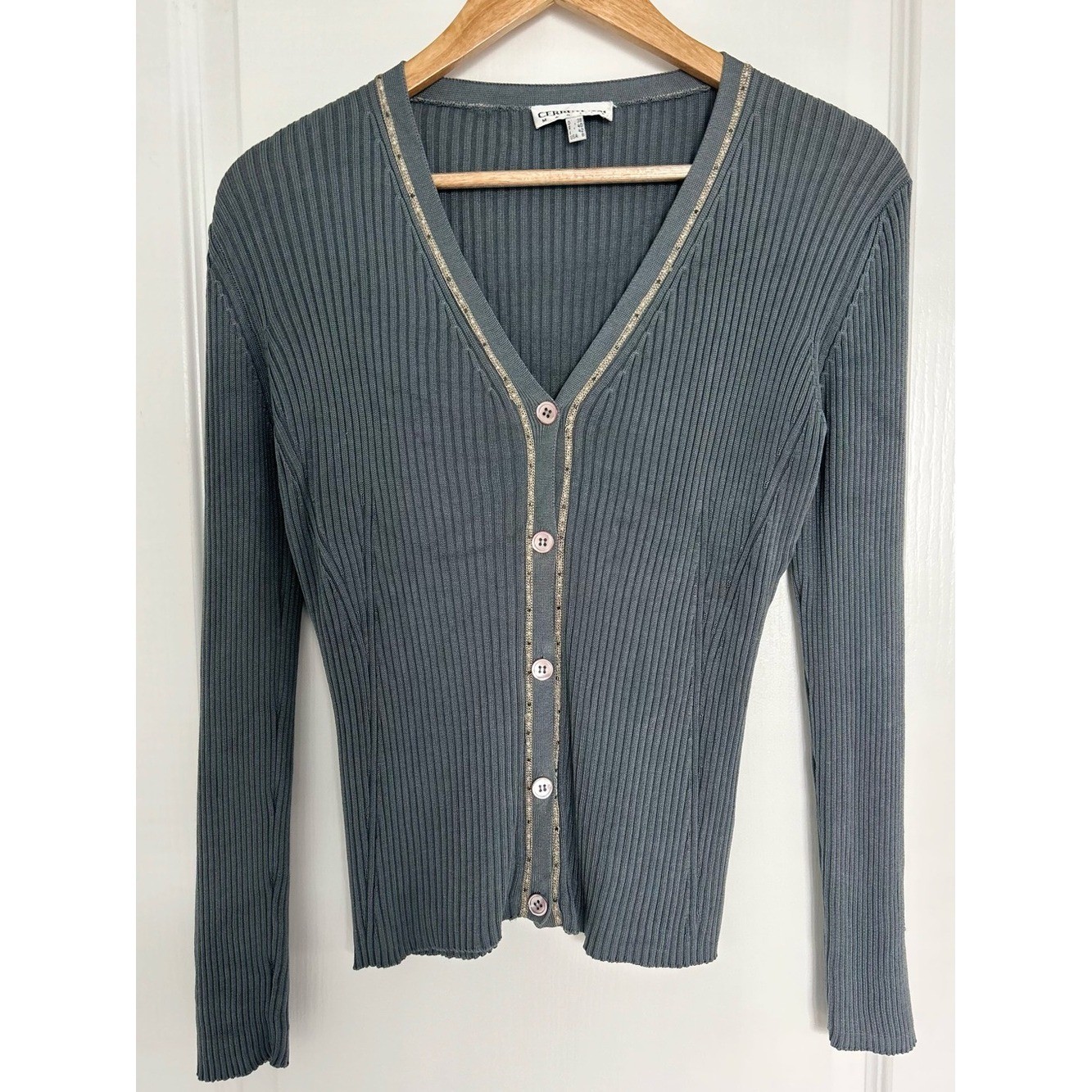 VTG Cerruti 1881 Maglia 100% Silk Ribbed Knit Embellished Cardigan Sweater 8