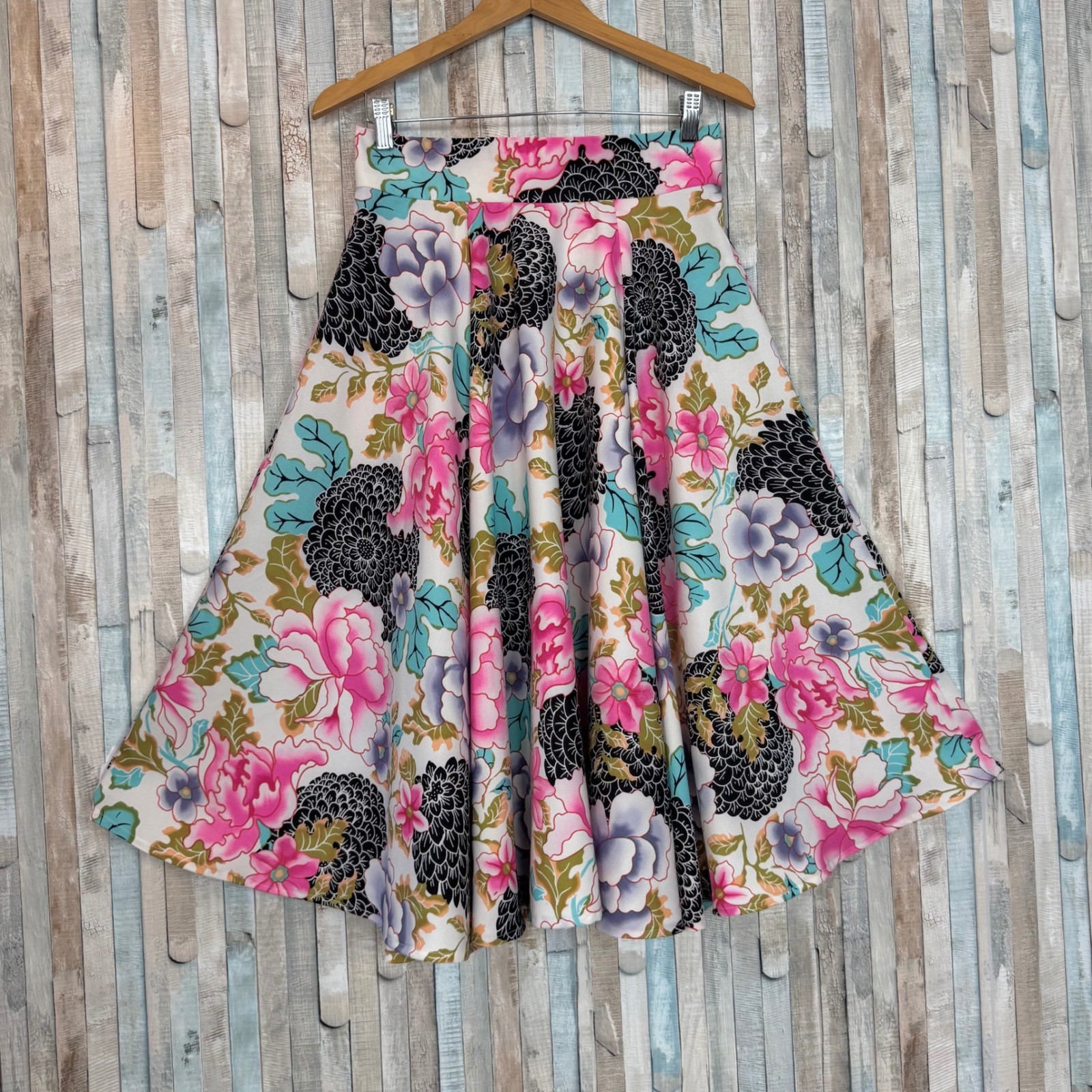 Vintage M Floral Circle Swing Twirl Full Midi Skirt High Waist Pleated A-Line