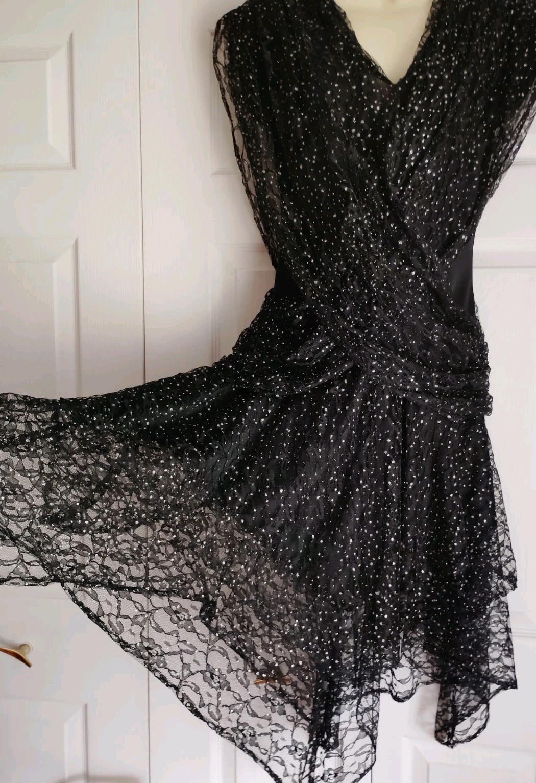 1980 PUNK GOTH FAIRY prom dress black silver lace layers handkerchief 8/10 USA