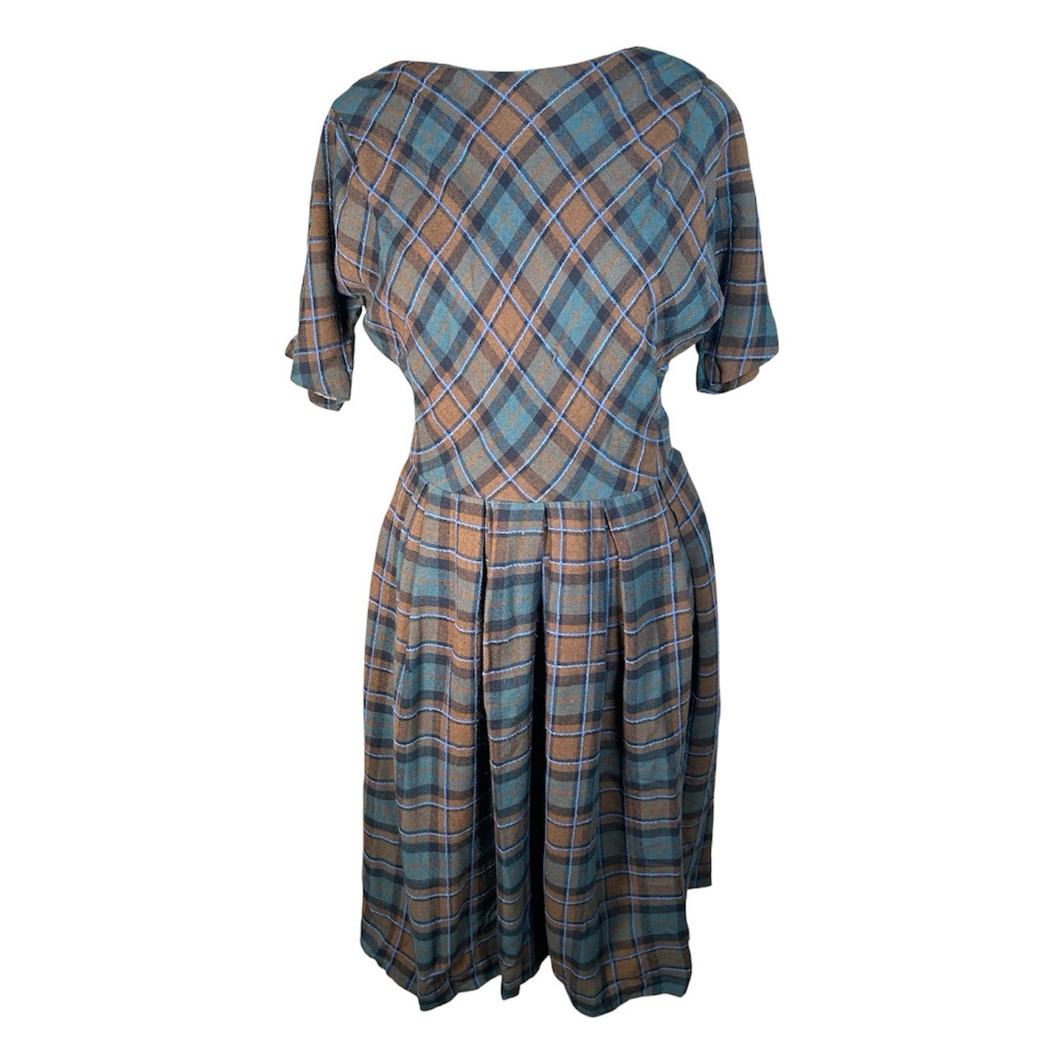Vintage 1950s Plaid Brown Blue Pleated Batwing Shirtwaist Dress Womens Size S/M