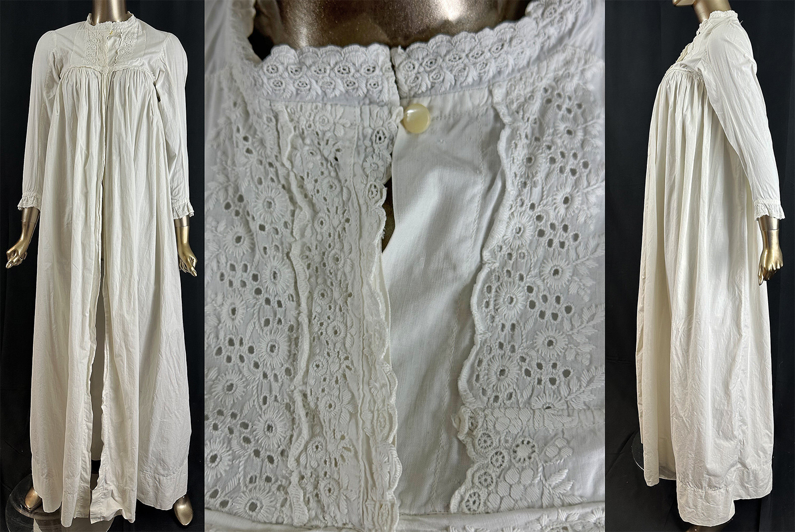 Victorian Ayrshire Whitework Embroidery Eyelet Cutwork Nightgown Dressing Gown