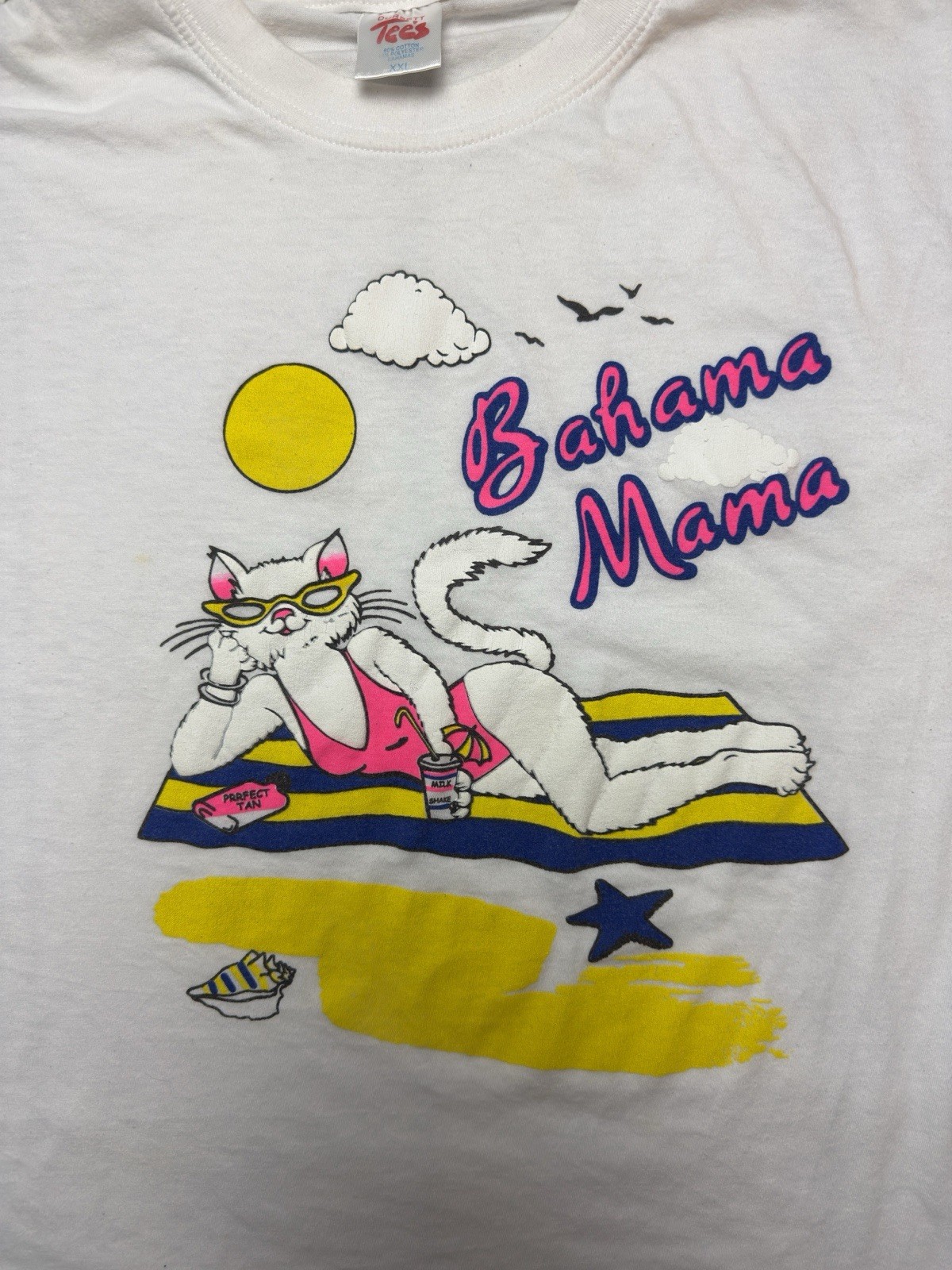VTG Bahama Mama Tanning Cat On Beach Kitty 90s Dorsett White Women’s T-Shirt XXL