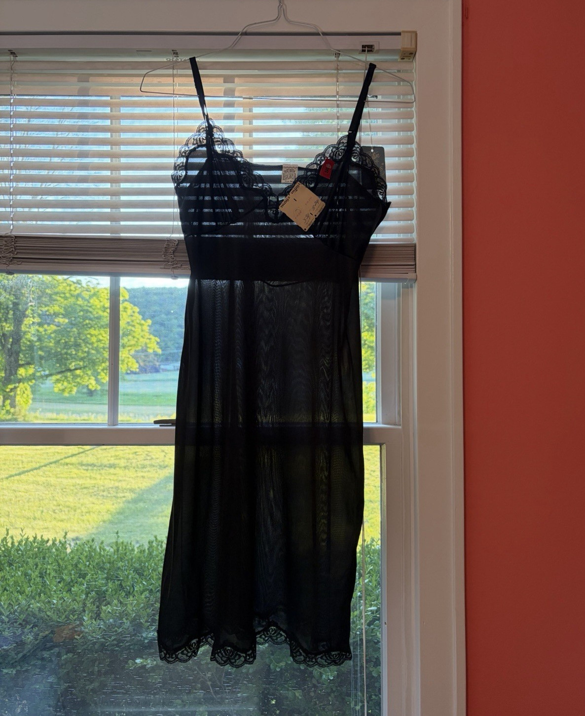NOS 60s 70s Fortune Vintage Deadstock Full Slip Black Satin Nylon Lace dress 36