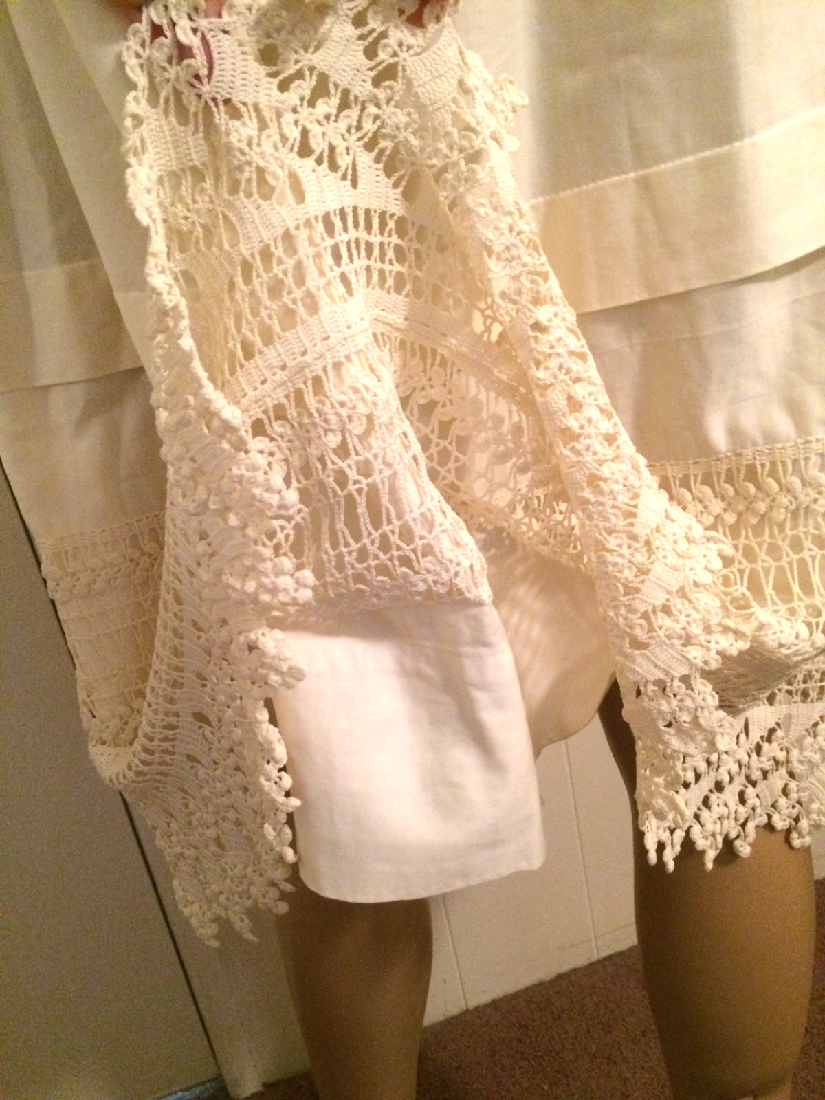 VTG Antique 1930-s Edwardian Nightlygown Crochet Bobbin Knit Cream Ecru Long S M