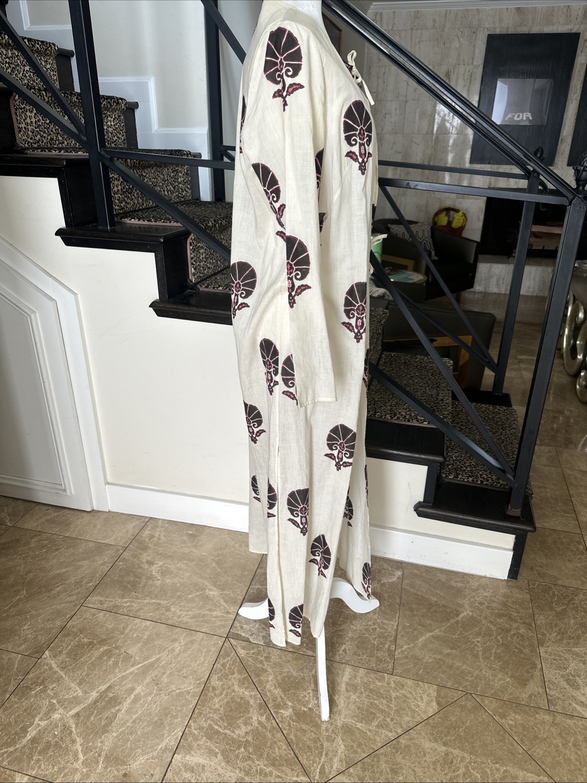 Muriel Brandolini VTG Graphic Print Long Cotton Tied Kaftan For Beach/Lounging S