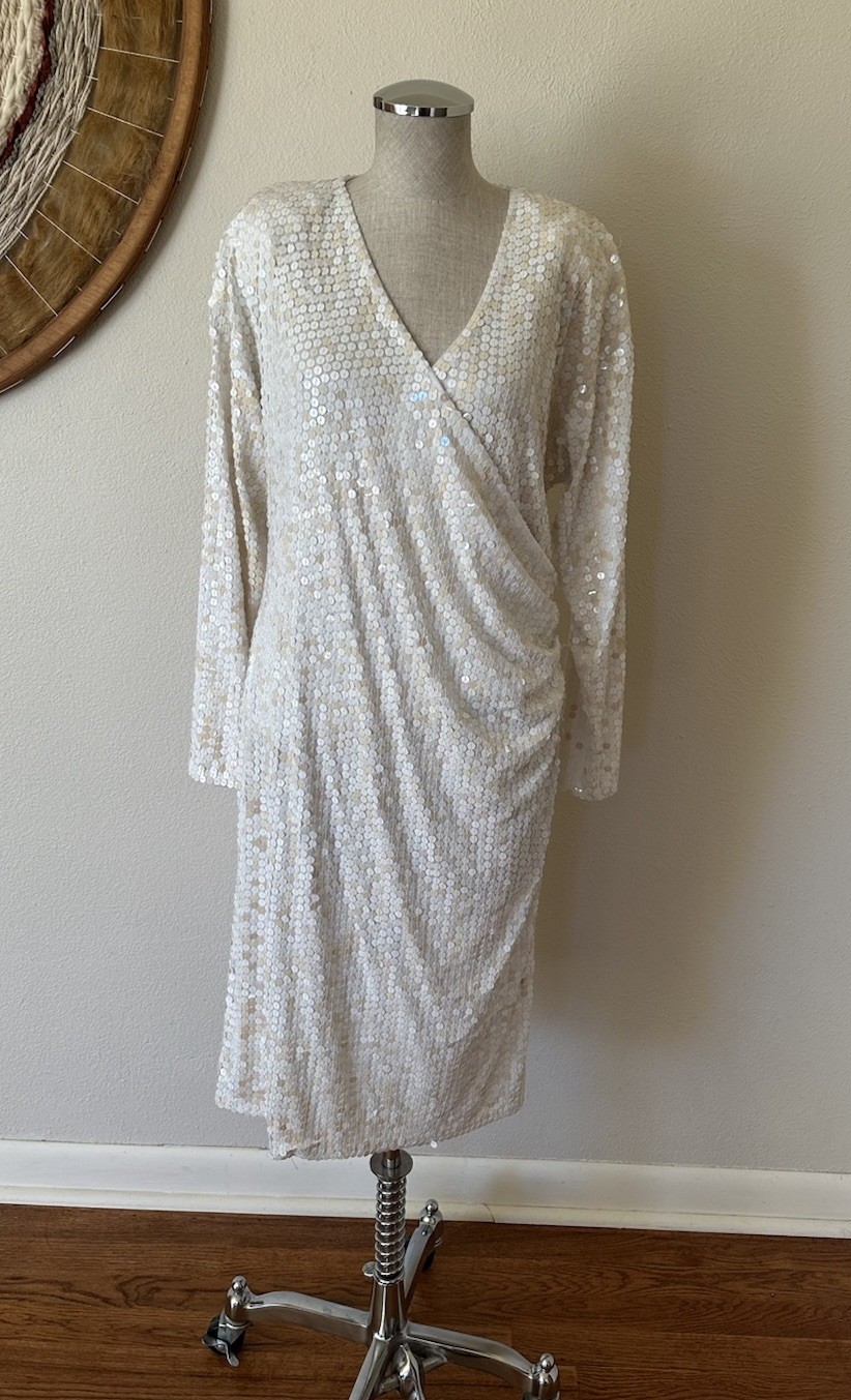 Vintage 90s Oleg Cassini White Sequin Rouched Midi Dress Woman’s M/L