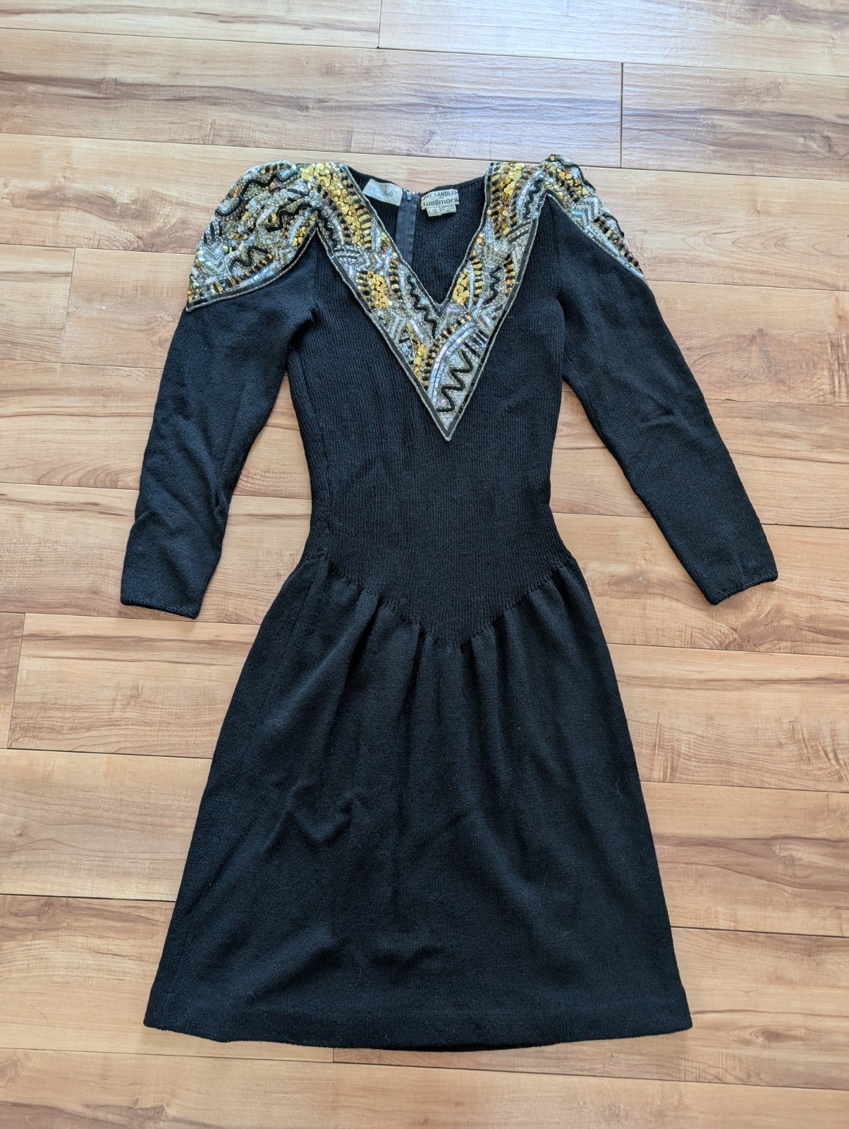 Pat Sandler for Wellmore Vtg 70s VNeck Sequin Beaded Stretch Sweater Dress Sz 12