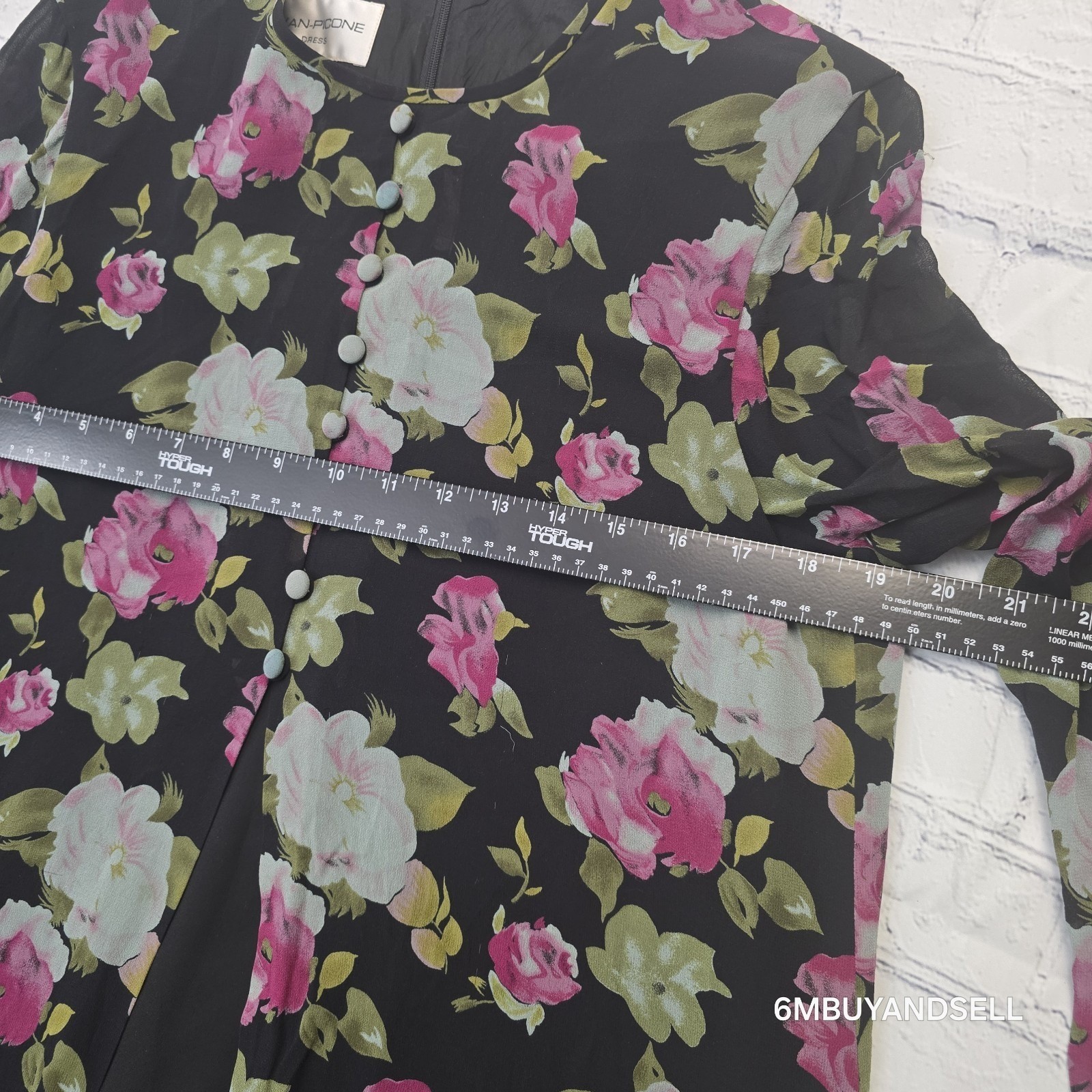 Evan-Picone Vintage 90s Silk Floral Midi Dress 12 Black Pink Purple 3/4 Sleeve