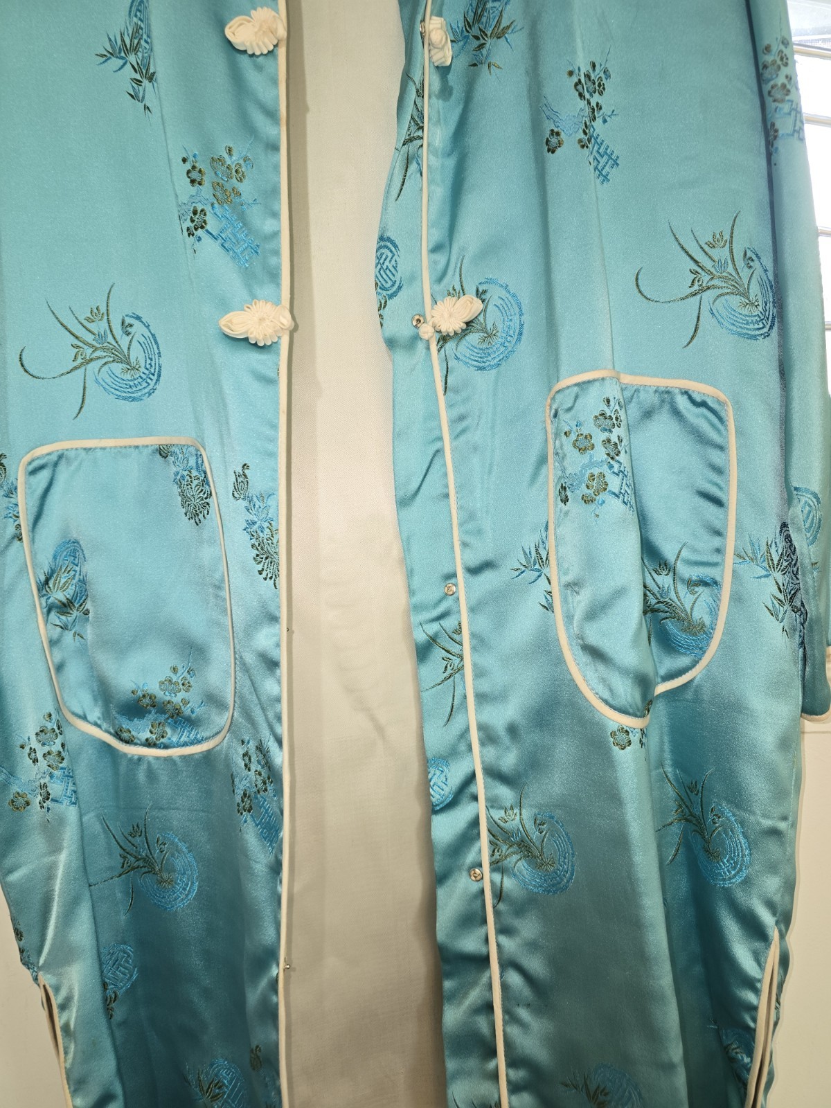 Vintage 50s Chinese Brocade Hostess Gown- Women’s- Turquoise Satin-Size 42/L