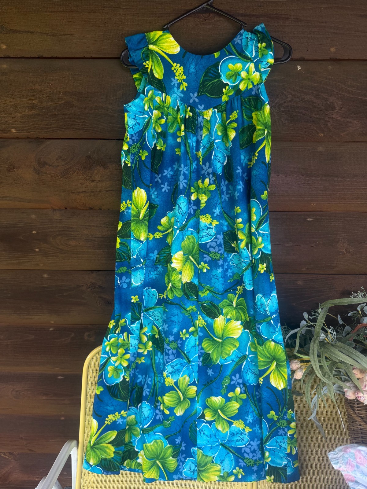 Vintage Royal Hawaiian Floral Maxi Dress Sz 12 Barkcloth Blue White Floral