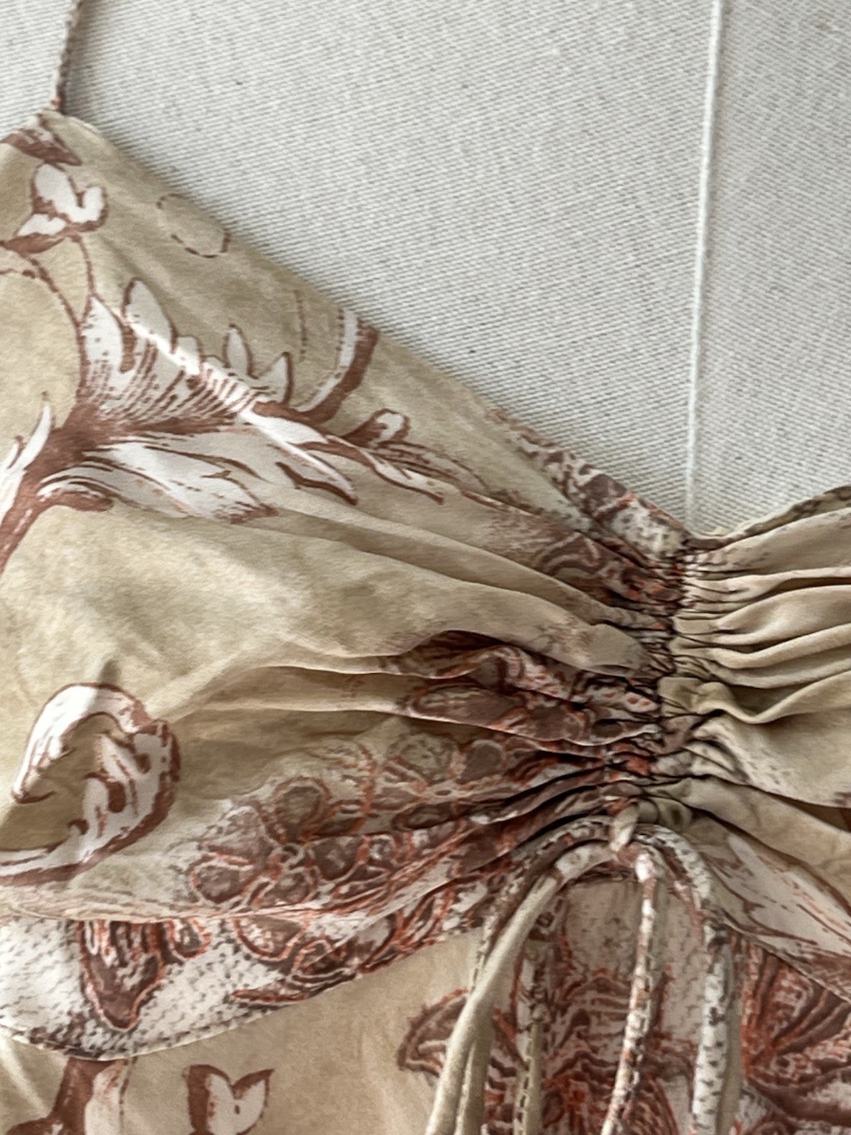VTG IN LOVE PARIS 100% Silk Dress T1 S Made France Designer Lace Halter Boho Tan