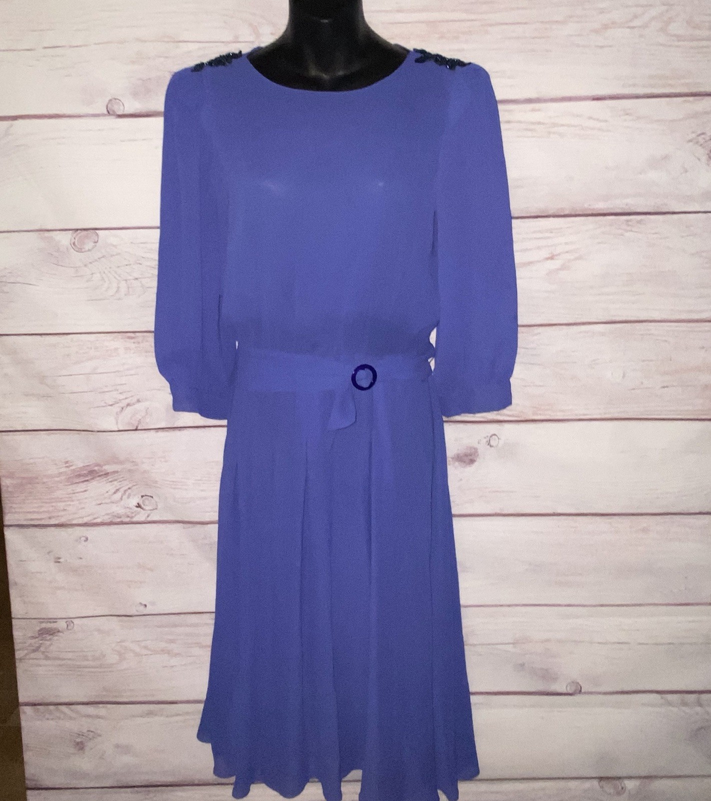 Ursula of Switzerland Cocktail Dress Size 11/12 Blue Chiffon Beaded Victorian