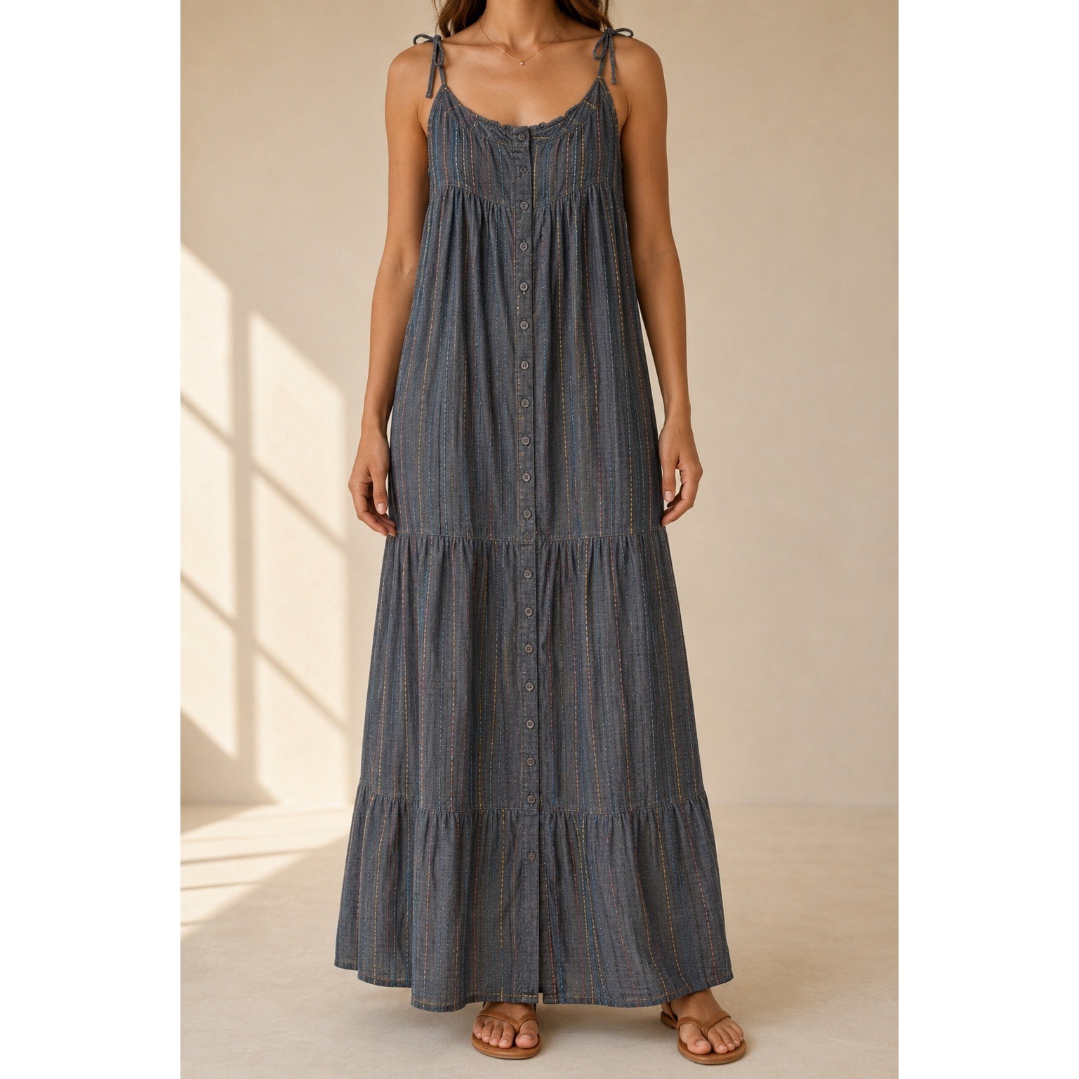 Vintage Juicy Couture Maxi Dress S Y2K Boho Rainbow Stripe Tiered Hippie