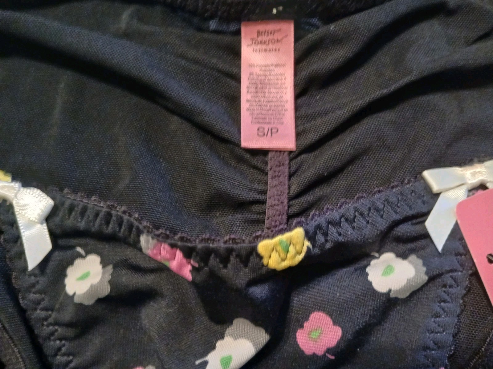 Vintage BETSEY JOHNSON Black Floral Silky String Bikini Panties S Y2K NWT