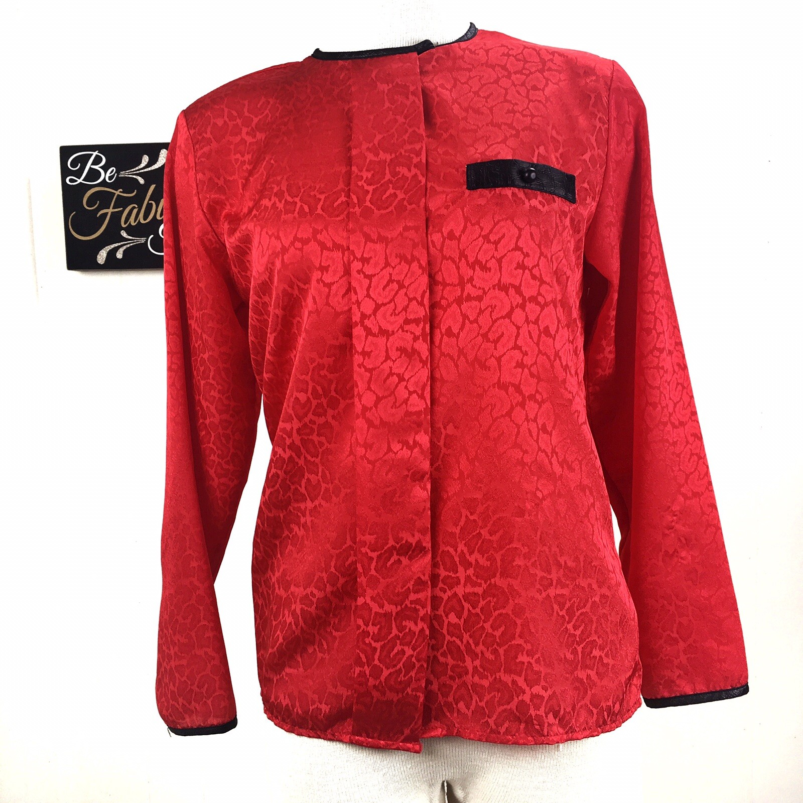 Vintage 80s David Benjamin Red Satiny Animal Print Blouse W/ Black Trim