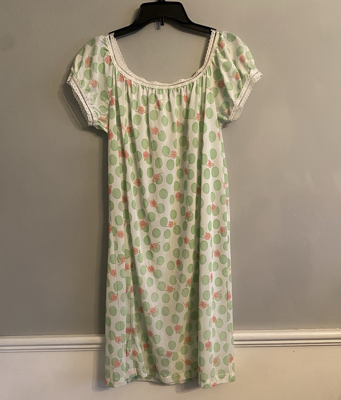 Vintage Nylon & Lace Babydoll Nightgown Size XL Nightie Lingerie Green and Pink
