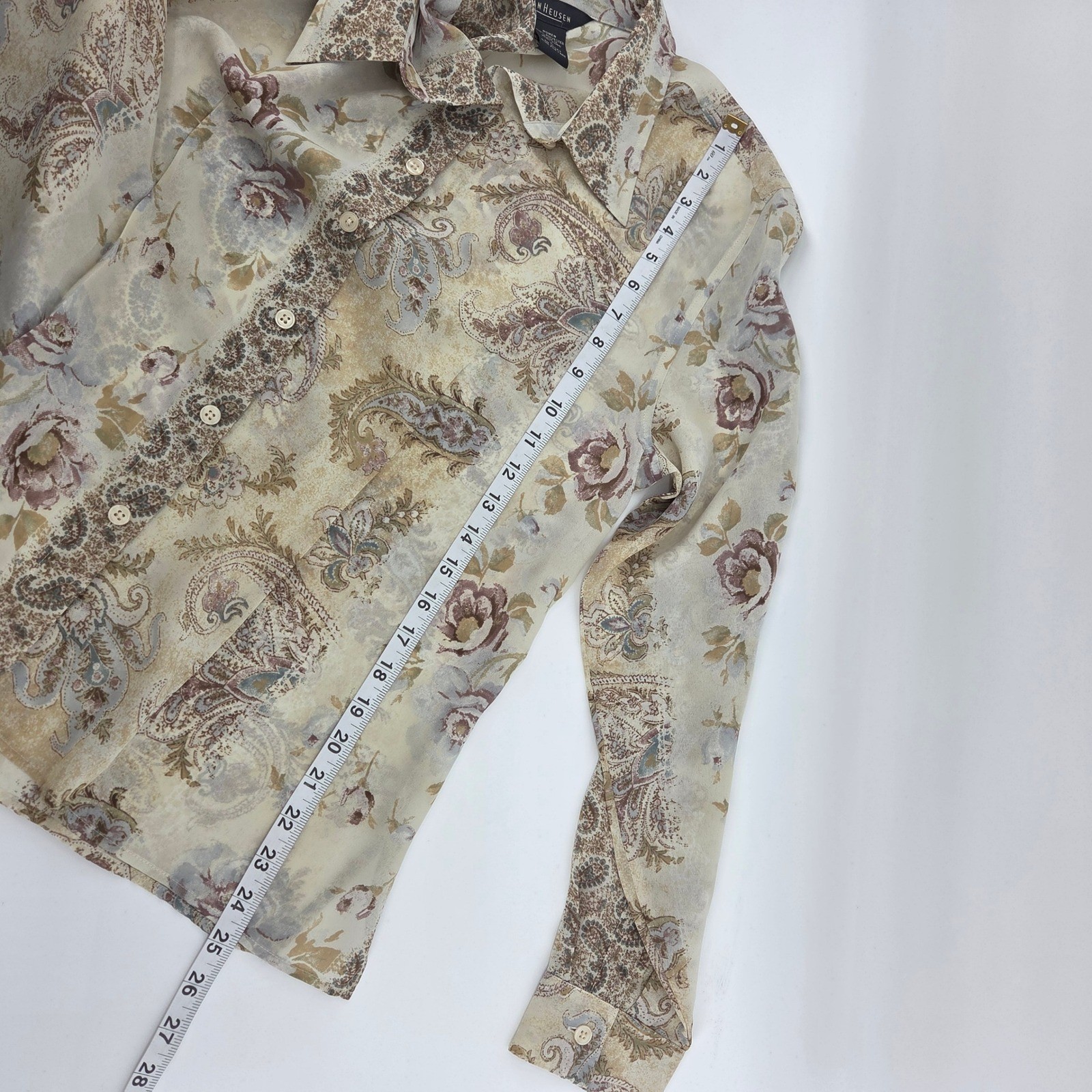Van Heusen Blouse Large Tan Floral Paisley Vintage Boho Cottagecore Academic