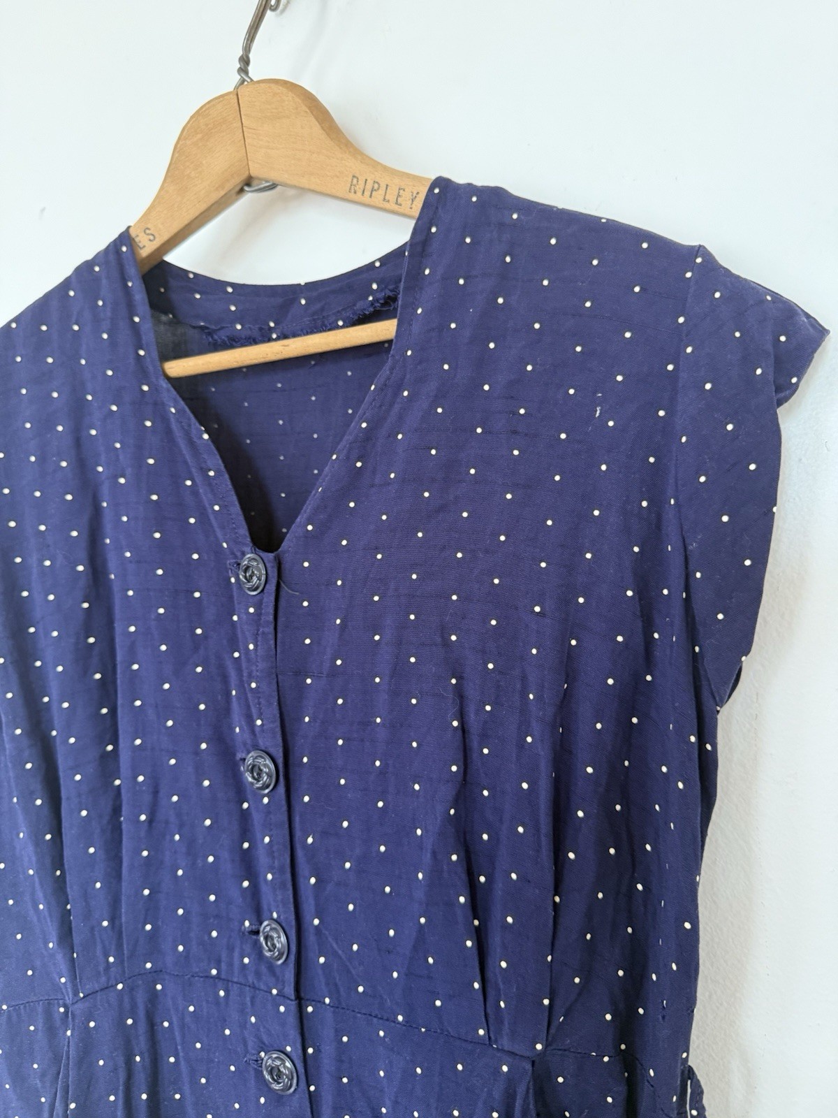 VINTAGE 40s FLOCKED POLKA DOT RAYON JERSEY BUTTON FRONT SLEEVELESS MIDI DRESS SM
