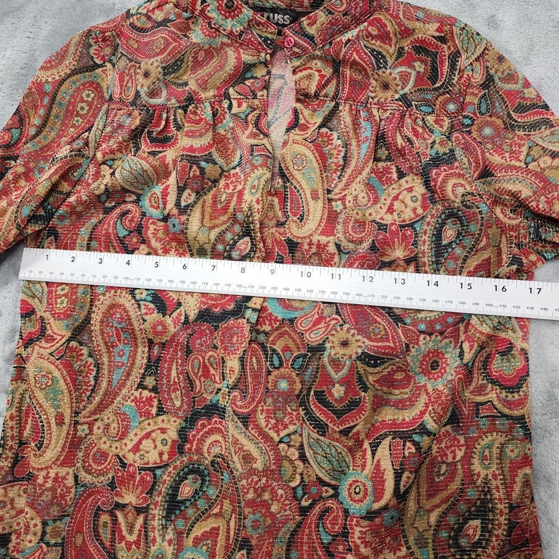 Vintage Russ Top Womens S Multicolor Shimmer Paisley Button Neck Balloon Sleeve
