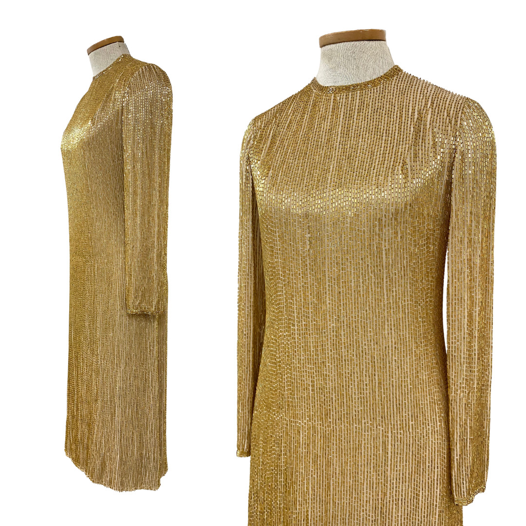 Vtg 60s 1960s Glam Victoria Royal LTD Heavily Gold Beaded Shift Cocktail Dress