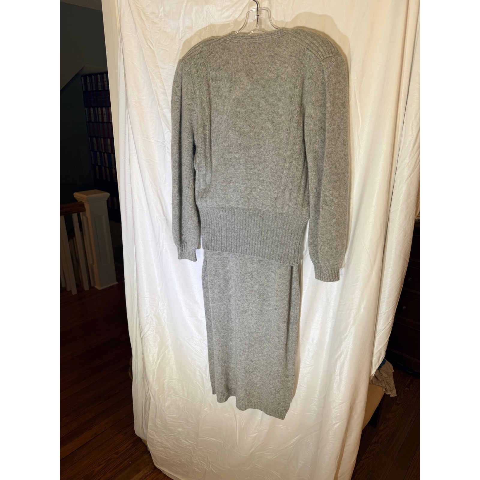 Michelle Stuart Vintage Gray Lambswool Angora Knit Sweater & Skirt Set Womens M