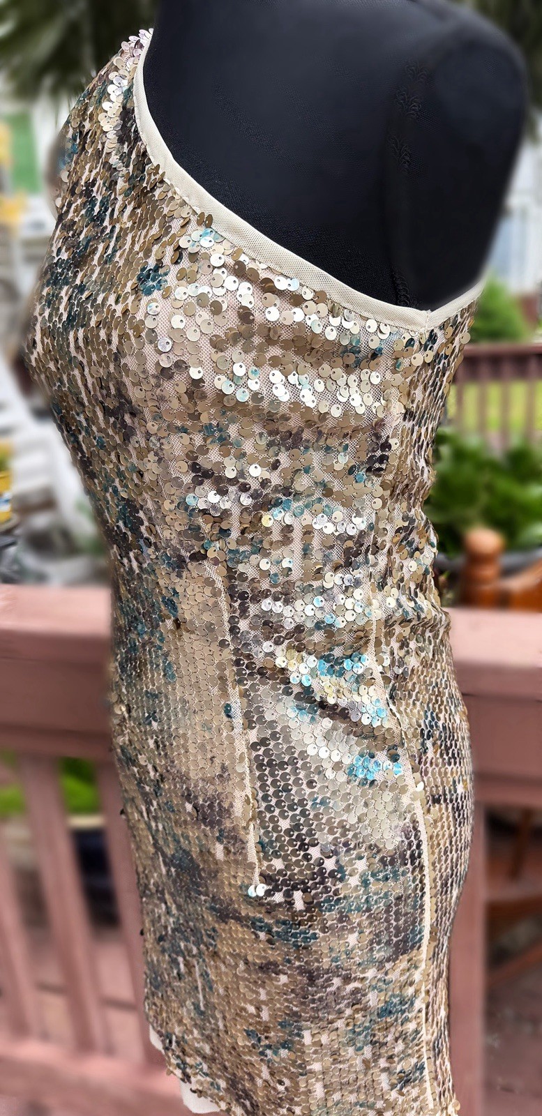 VTG NWOT Uli Herzner One Shoulder Matte Champagne Sequin Cocktail Dress Teal PUR
