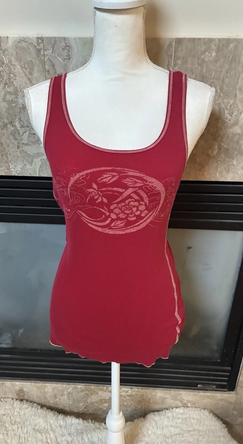 Vtg Gap 1969 Red Ribbed Tank Top With Asian Inspired Graphic Women M Baby Tee