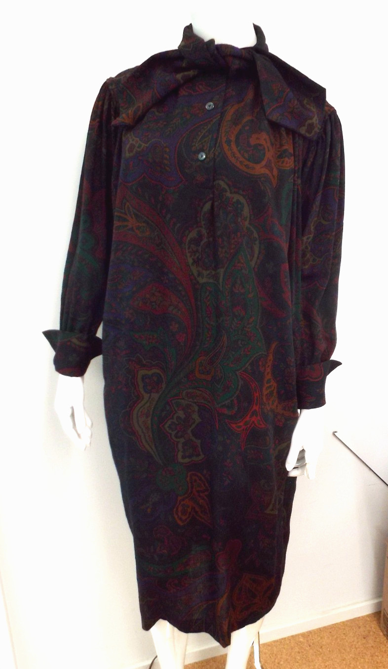 Vintage 1980s KENZO Paisley Wool Dress French Cuffs Pussybow Pockets Sakowitz