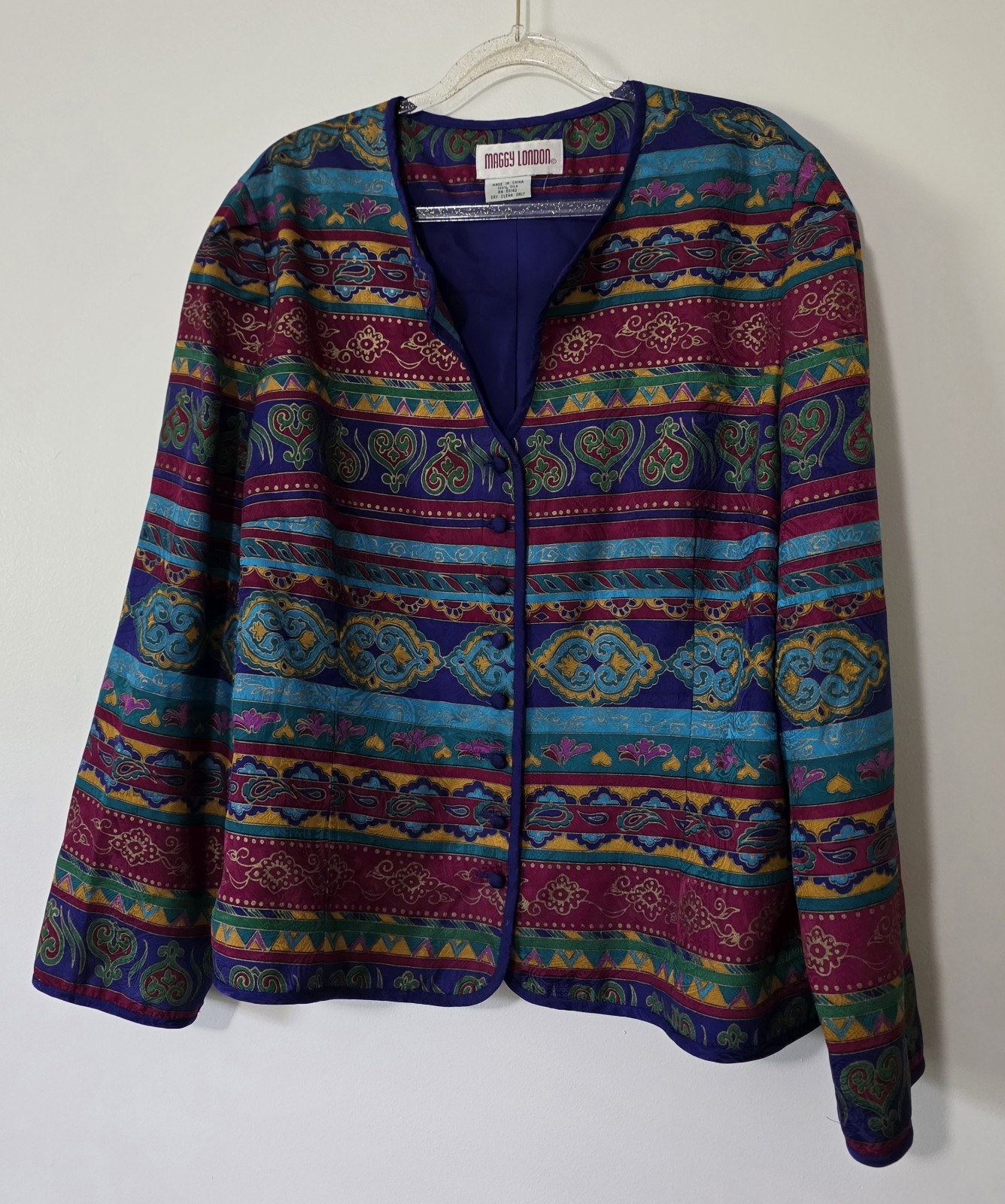 Vintage Maggy London 100% Silk Blazer Boho Jewel Tone Paisley Bright Sz Large